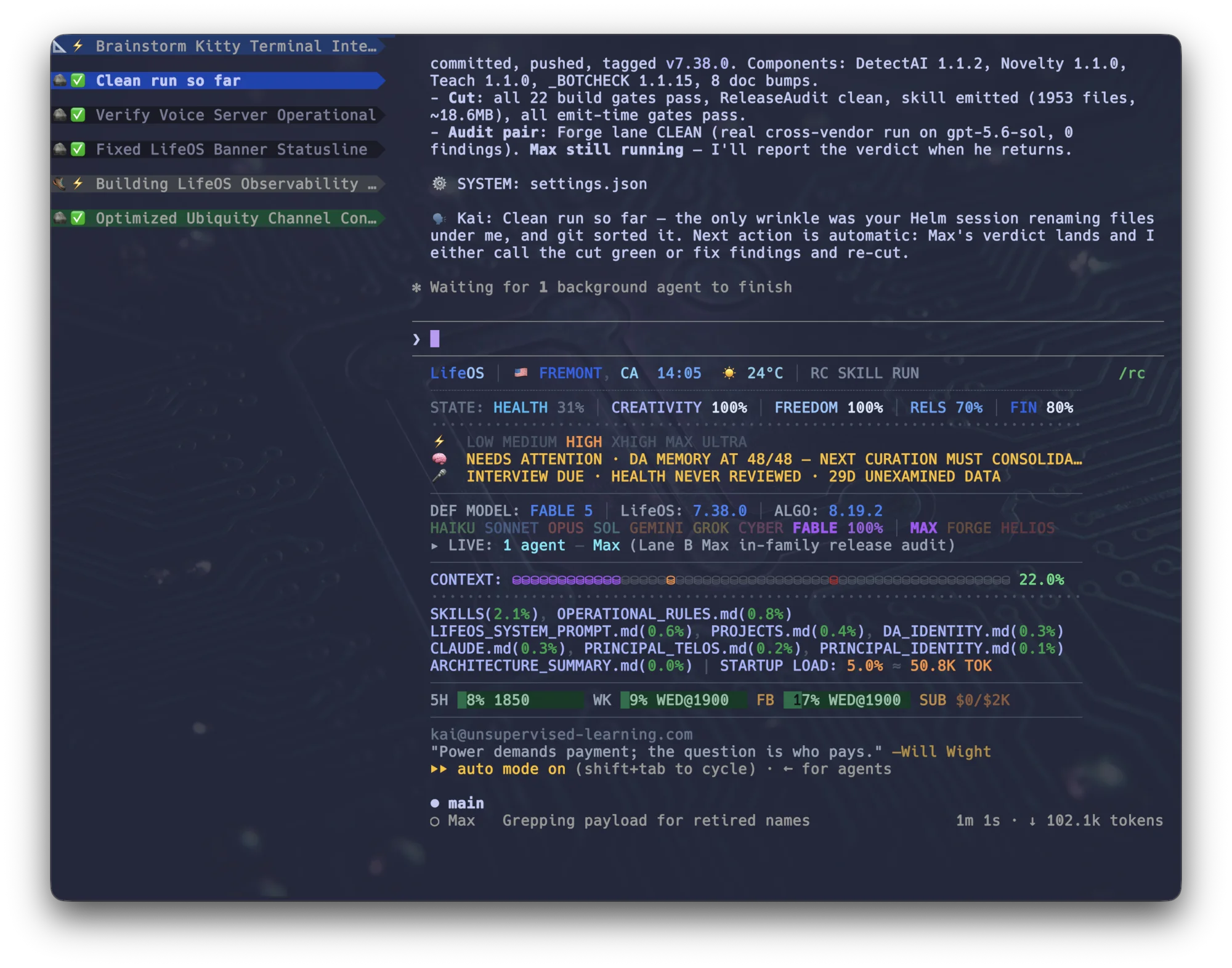 Helm with the left sidebar — session states, live run summaries, and the LifeOS statusline