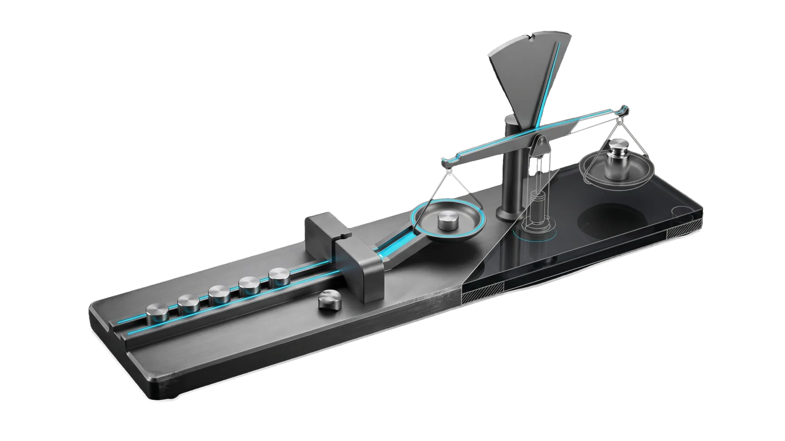 A machined graphite balance on a long base: five identical pucks wait on a cyan-lit rail, pass one fixed notch gate with a misshapen reject set beside it, slide down a chute onto the left pan, and the beam's cyan needle sweeps a notched fan; past a diagonal cut the pillar, right pan and reference weight are drawn in bone-grey outline.