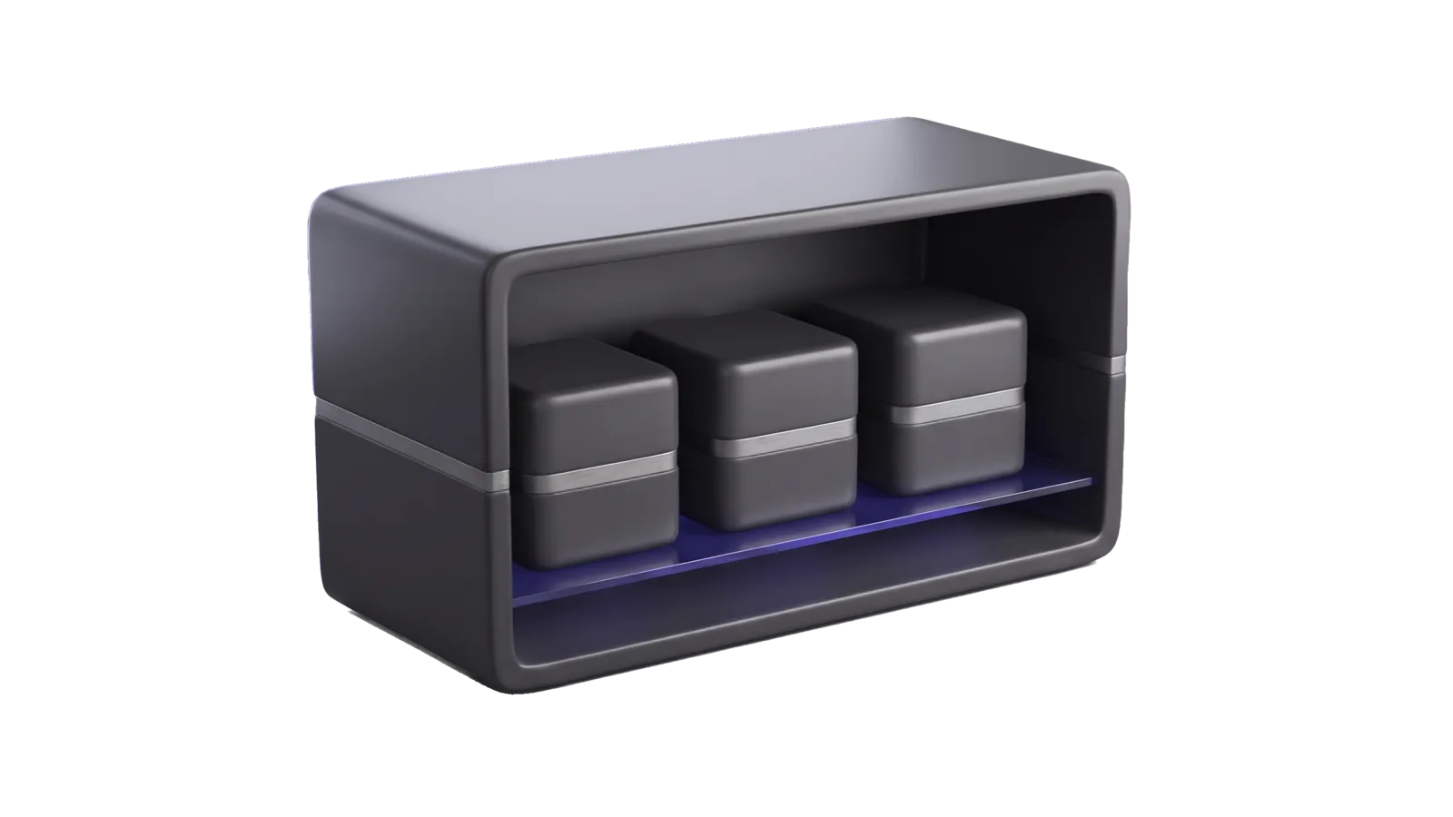 A smoked-glass app module seated in a heavy machined chassis, five red conduits plugged from the chassis sockets into it and a sixth socket empty, the right end cut away into bone-grey outline.
