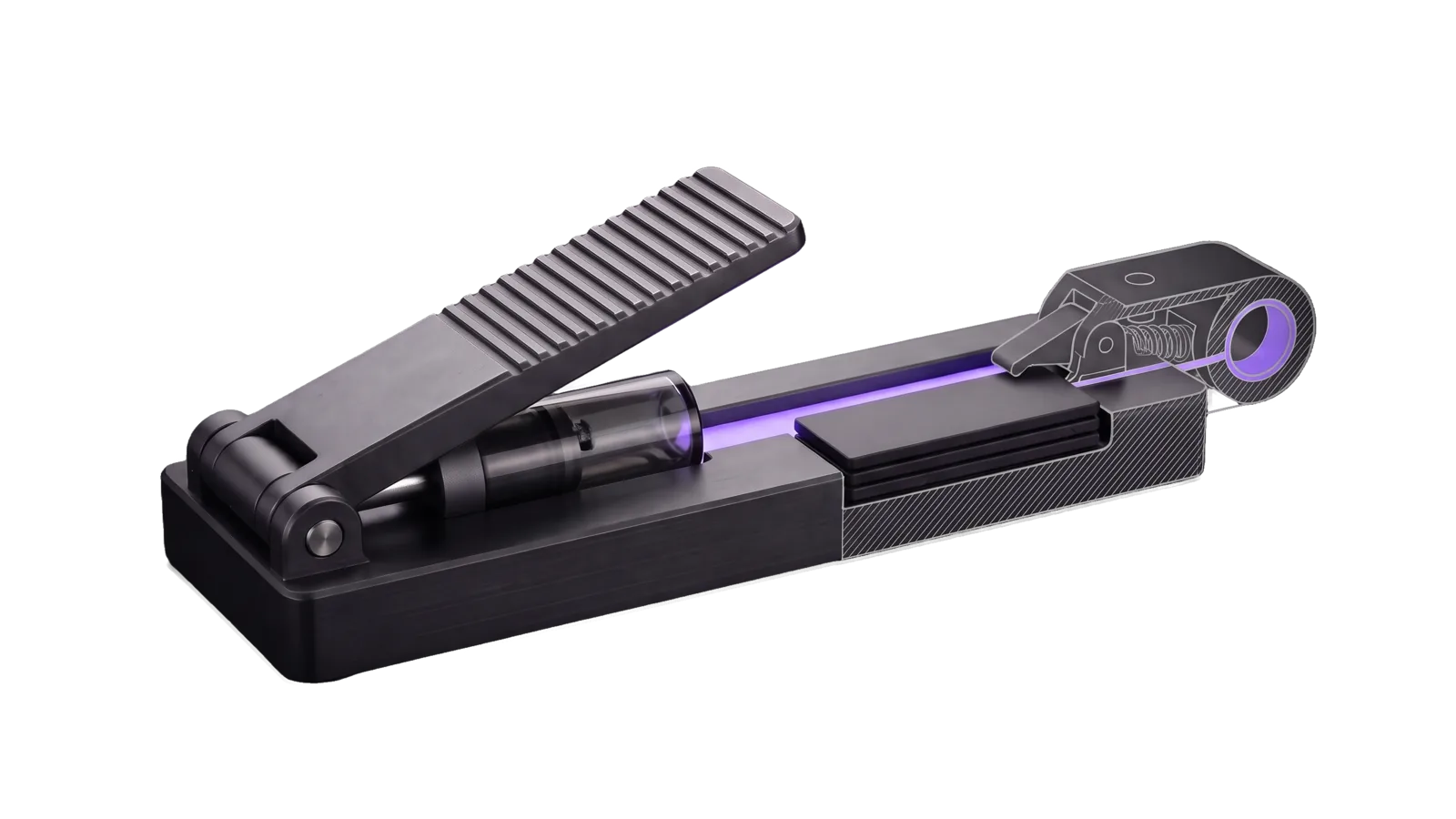 A machined foot treadle hinged on a steel pin at one end of a long graphite base, pressing a smoked-glass cylinder; a violet channel runs past three stacked black strata and a lifted pawl into a ring terminal, the far end cut away into bone-grey outline.