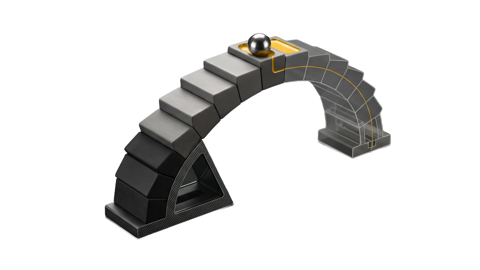 An arch of ten machined ceramic blocks rising in steps, only the ninth and tenth inlaid in gold with a steel ball resting on the ninth, the lowest blocks cut away into bone-grey outline.