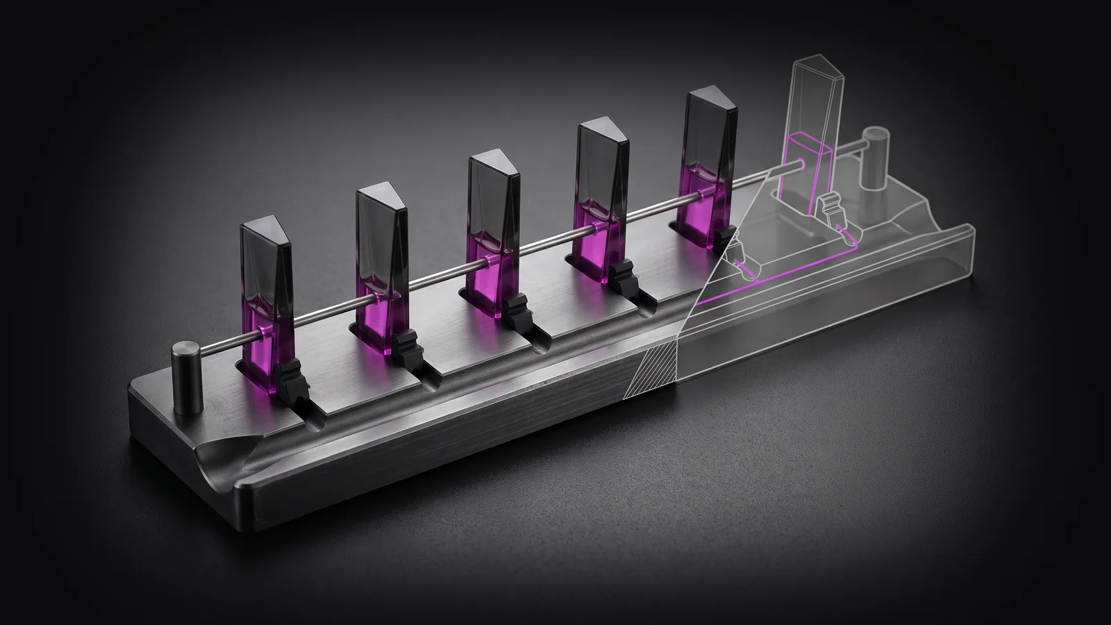 A machined bench holding six glass wedges filled with magenta liquid to different heights from one shared channel, a steel threshold bar crossing all of them, with the far end cut away into a bone-grey drawing.