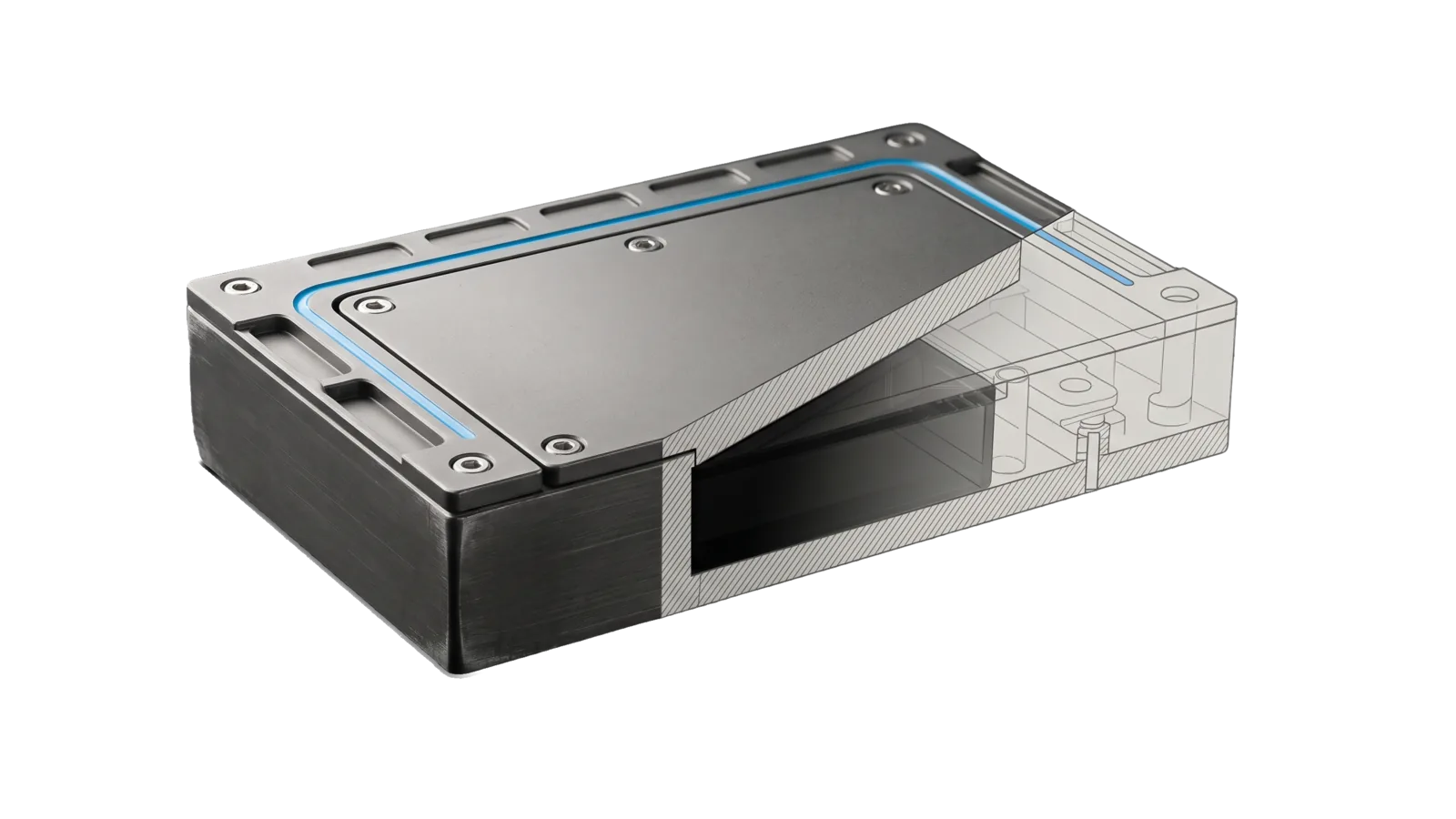 A solid machined block with a thin precision plate bolted onto its top, sky-blue channels milled into the plate, the right side cut away to show the bolts in bone-grey outline.