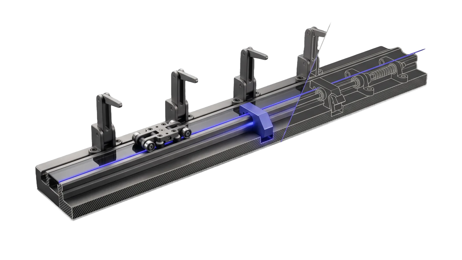 A carriage on a precision rail with four fixed gate stations, the third gate's indigo stop pawl dropped across the rail and blocking it, the far end cut away into bone-grey outline.