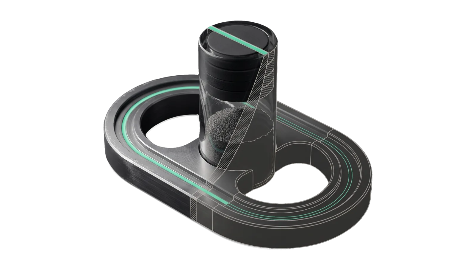 A closed machined loop track beside a glass column where loose grains compact into layers and a dense top slab, a mint-green channel returning from the slab into the start of the loop, the column cut away into bone-grey outline.