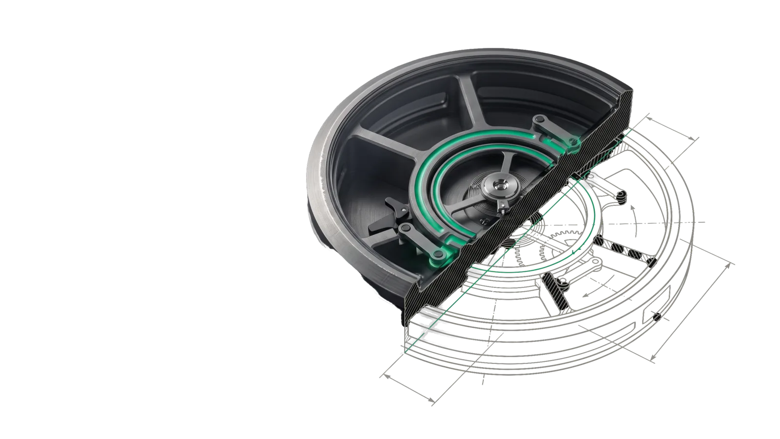 A round machined housing with a central balance wheel driving a green-lit ring and three linked chambers, a fourth chamber disengaged by a latch, its lower right quarter cut away into a bone-grey drawing.