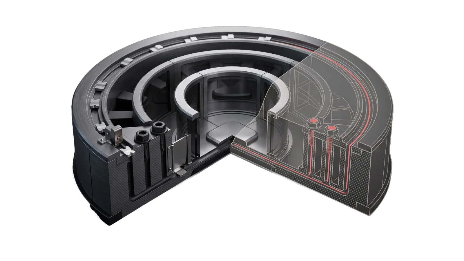 Three concentric machined walls seen in quarter section, three channels in the middle wall sealed by coral-red steel bolts beside a small open wicket, the walls cut away into bone-grey outline.