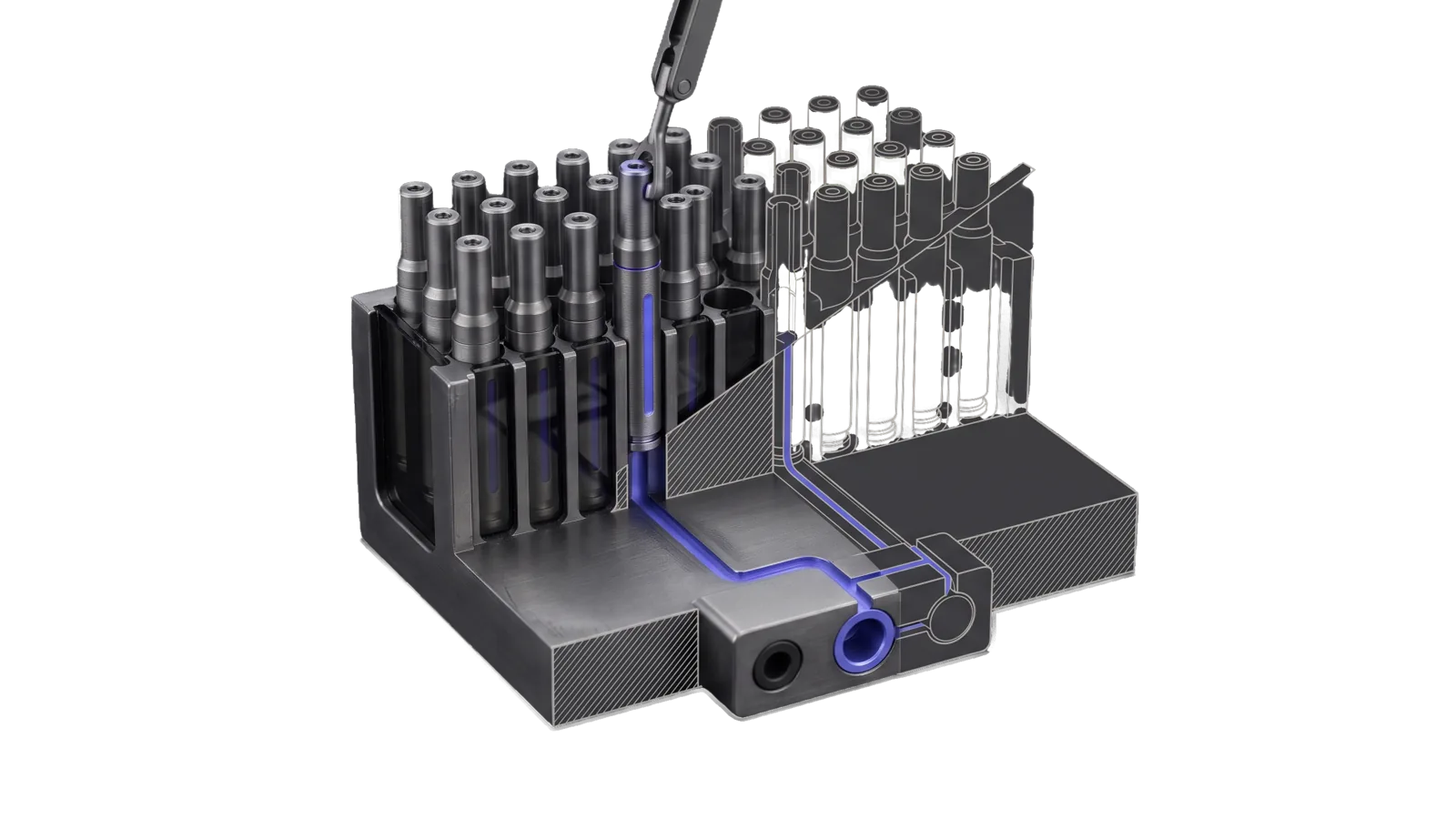 A dense rack of upright machined cartridges with one rising out on its own, indigo-lit, feeding a small manifold with one open outlet, the back rows cut away into bone-grey outline.