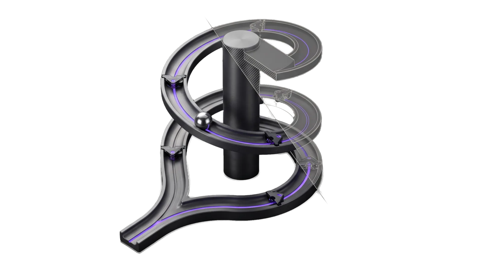 A steel bead climbing a helical track around a graphite column, entered through a route switch, with one-way gates closed behind it in violet and the unbuilt top turns drawn in bone-grey outline.