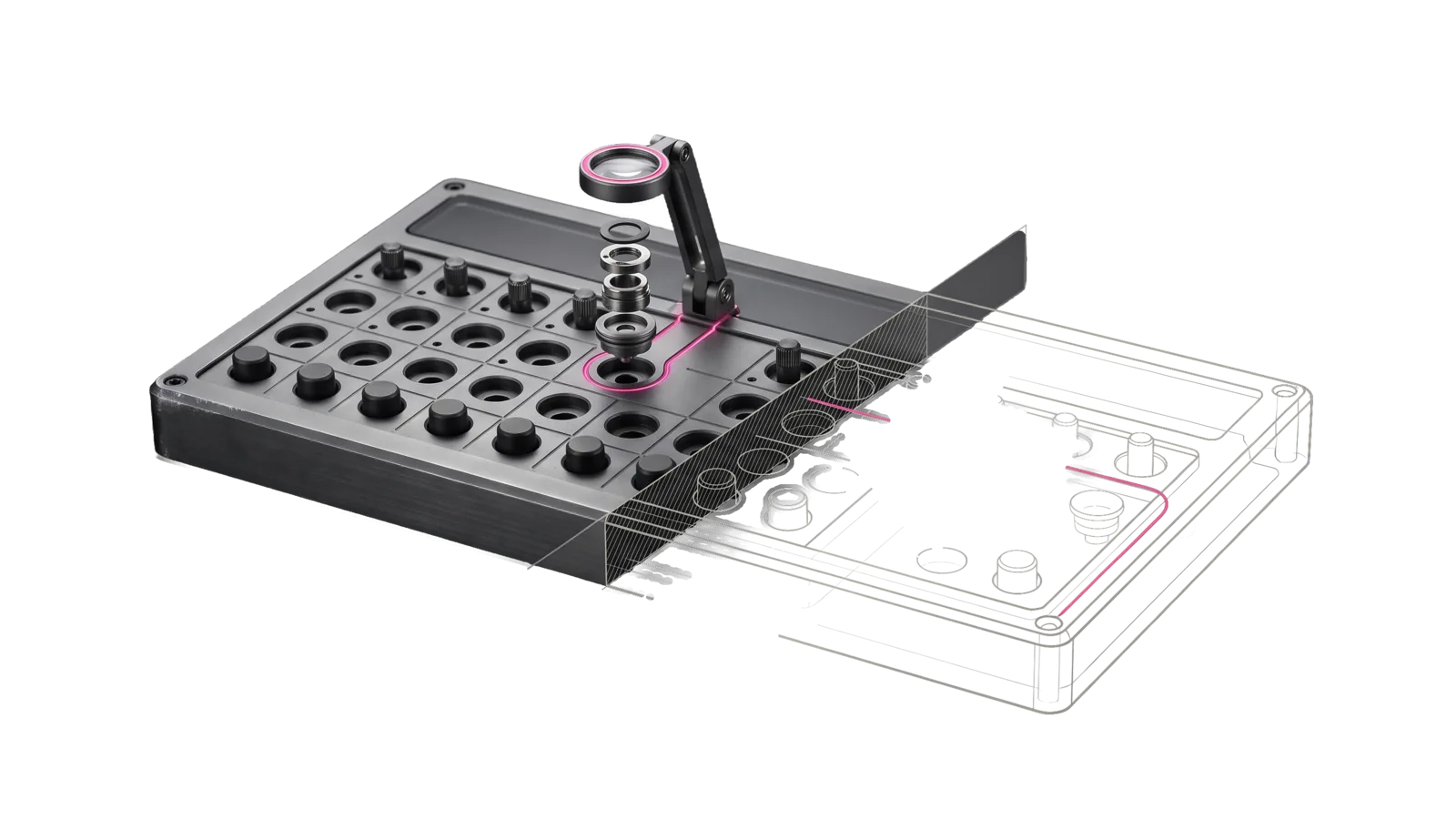A machined panel of blank instrument wells with a pink-rimmed loupe on an arm raised over one well, whose parts float exploded upward beneath it, the right side cut away into bone-grey outline.
