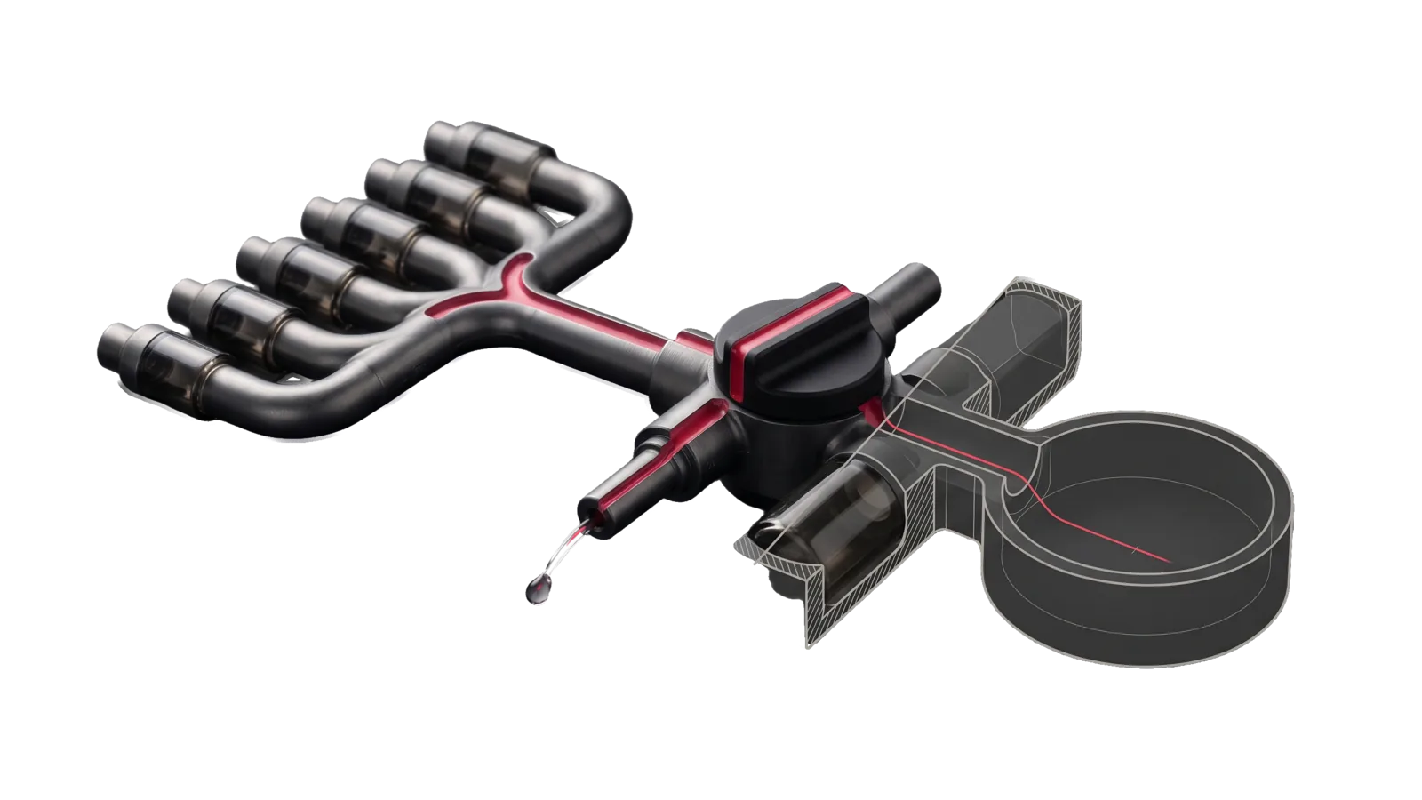 A machined manifold where six small inlets merge into one pipe feeding a rotary valve with three outlets, a rose-red drop shooting from the narrow jet, the tank and basin cut away into bone-grey outline.
