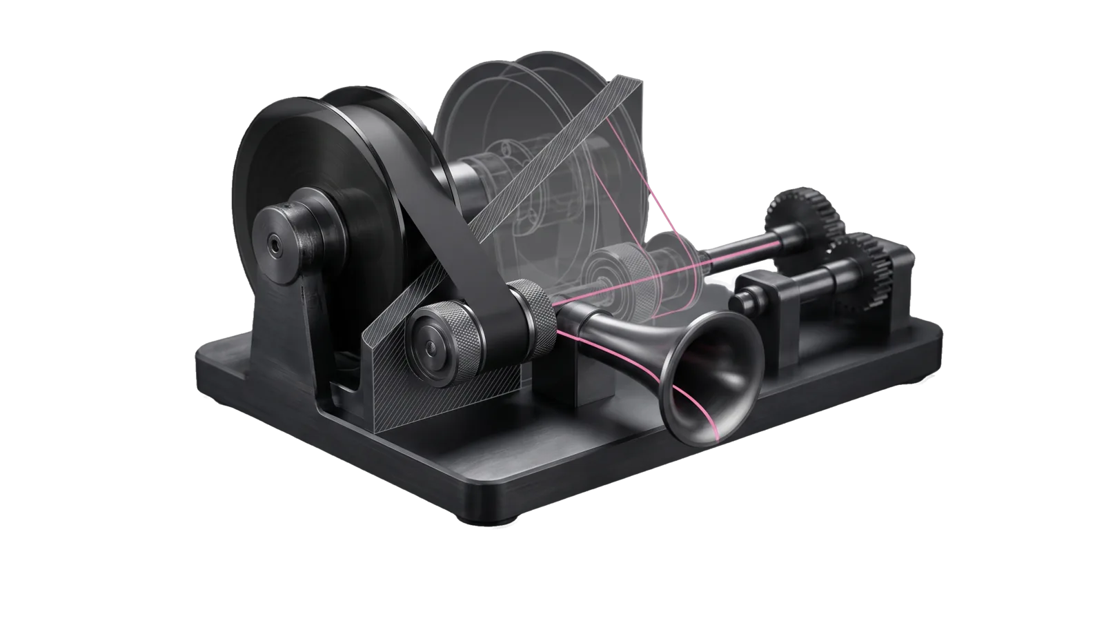 A blank ribbon feeding from a spool through two correcting rollers into a machined horn whose bore glows pink, a separate shaft turning beside it, the spool cut away into bone-grey outline.