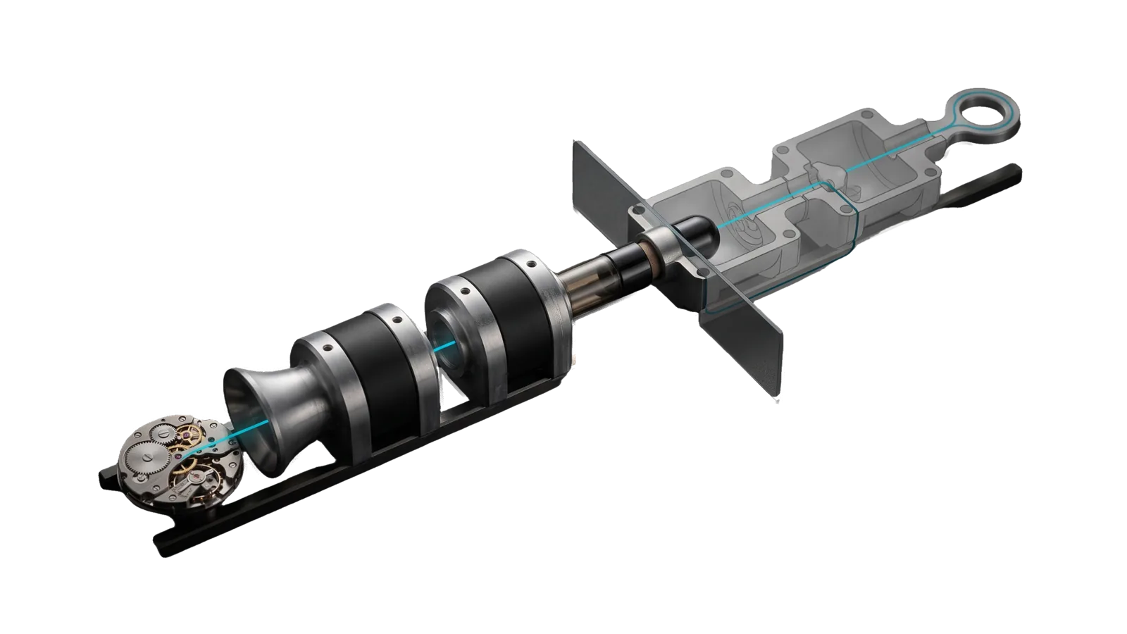 Four identical machined modules coupled end to end on a rail, a small capsule passing between them along a cyan channel from a clockwork trigger, the last two modules cut away into bone-grey outline.