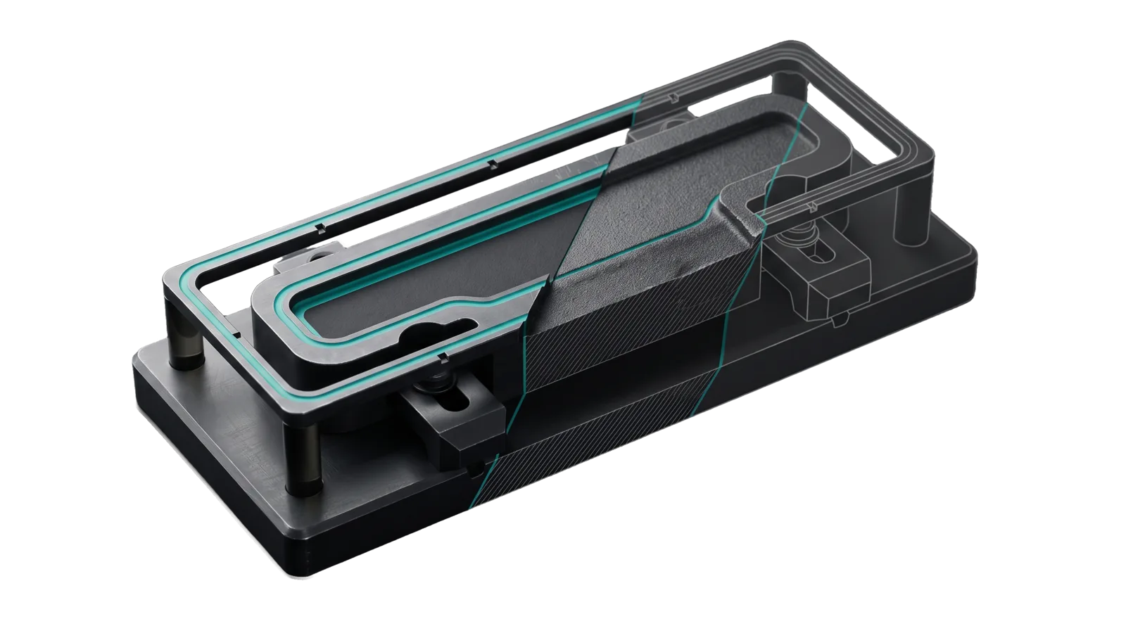 A machining fixture with a precision template held above a partly cut blank, the template outline lit teal and traced down onto the blank, the unworked half cut away into a bone-grey drawing.