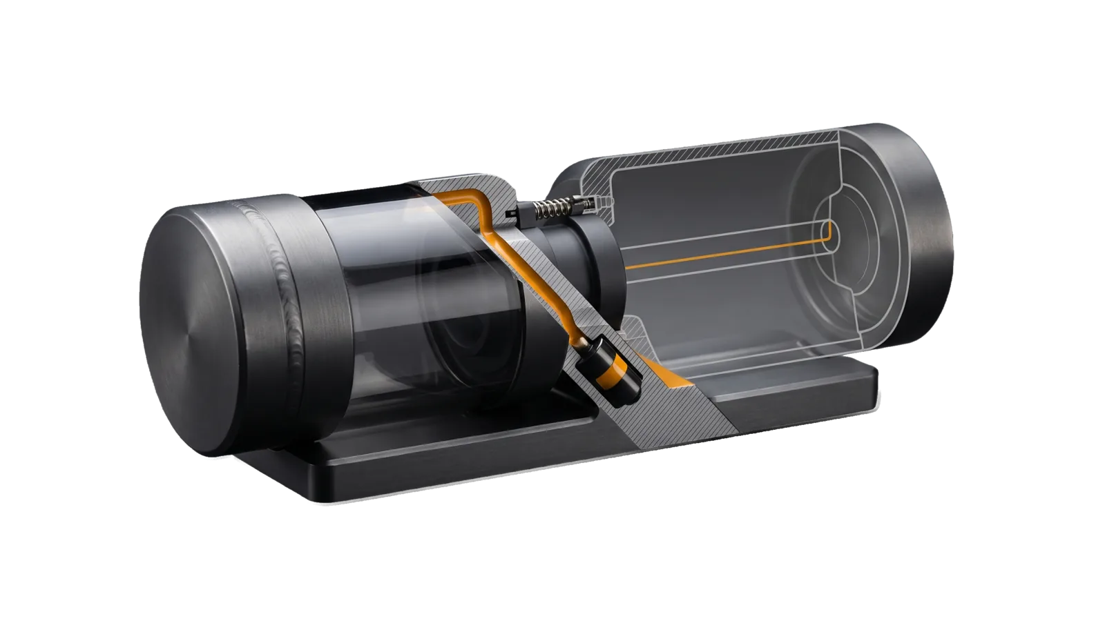 Two machined vessels joined end to end on one base by a coupling with a spring-loaded one-way valve, the amber path running through the valve to a blind stop inside the far vessel, which is cut away into a bone-grey drawing.