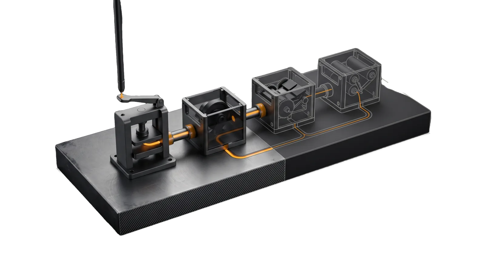 Four small single-purpose machines coupled by one pipe on a heavy base, a slim rod from above touching the first lever, the pipe lit amber, the base cut away into a bone-grey drawing of its internals.