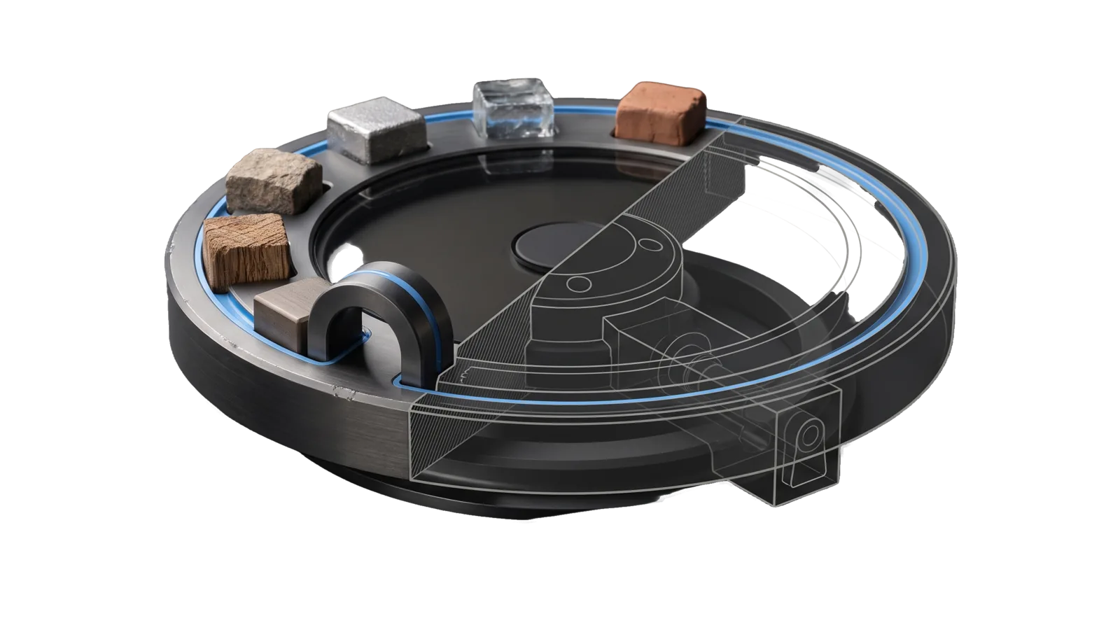 A machined turntable carrying blocks of wood, stone, metal, glass and clay around one track toward a single arch that works every one of them, a blue route running through the arch, the far side cut away into a bone-grey drawing.