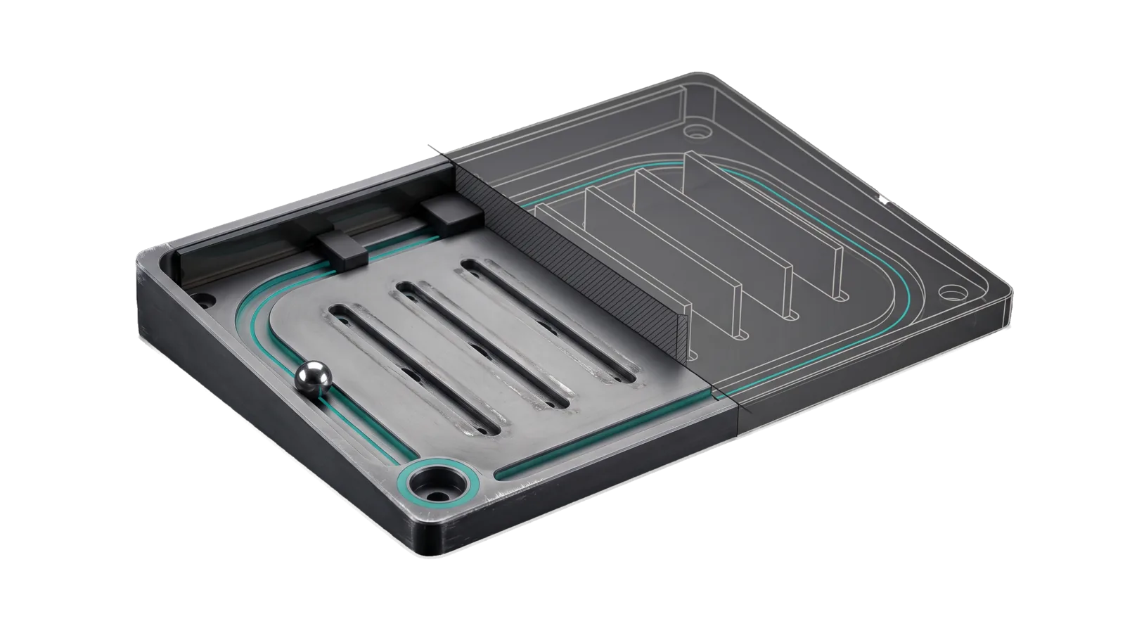 A tilted tray with one precise socket and a steel ball rolling freely toward it, its route lit teal, the old maze walls shown only as bone-grey ghosts standing in their empty slots.