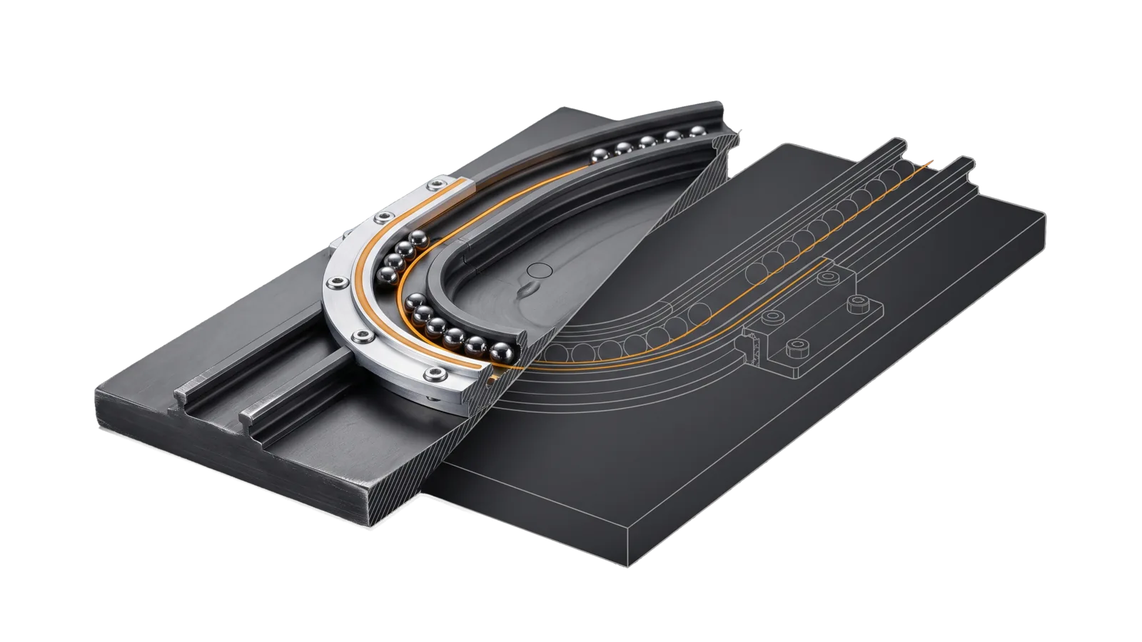 A curved rail with a freshly bolted guard at the bend where a bead once flew off, the beads' route along the guard lit amber, the mounting cut away into a bone-grey drawing.