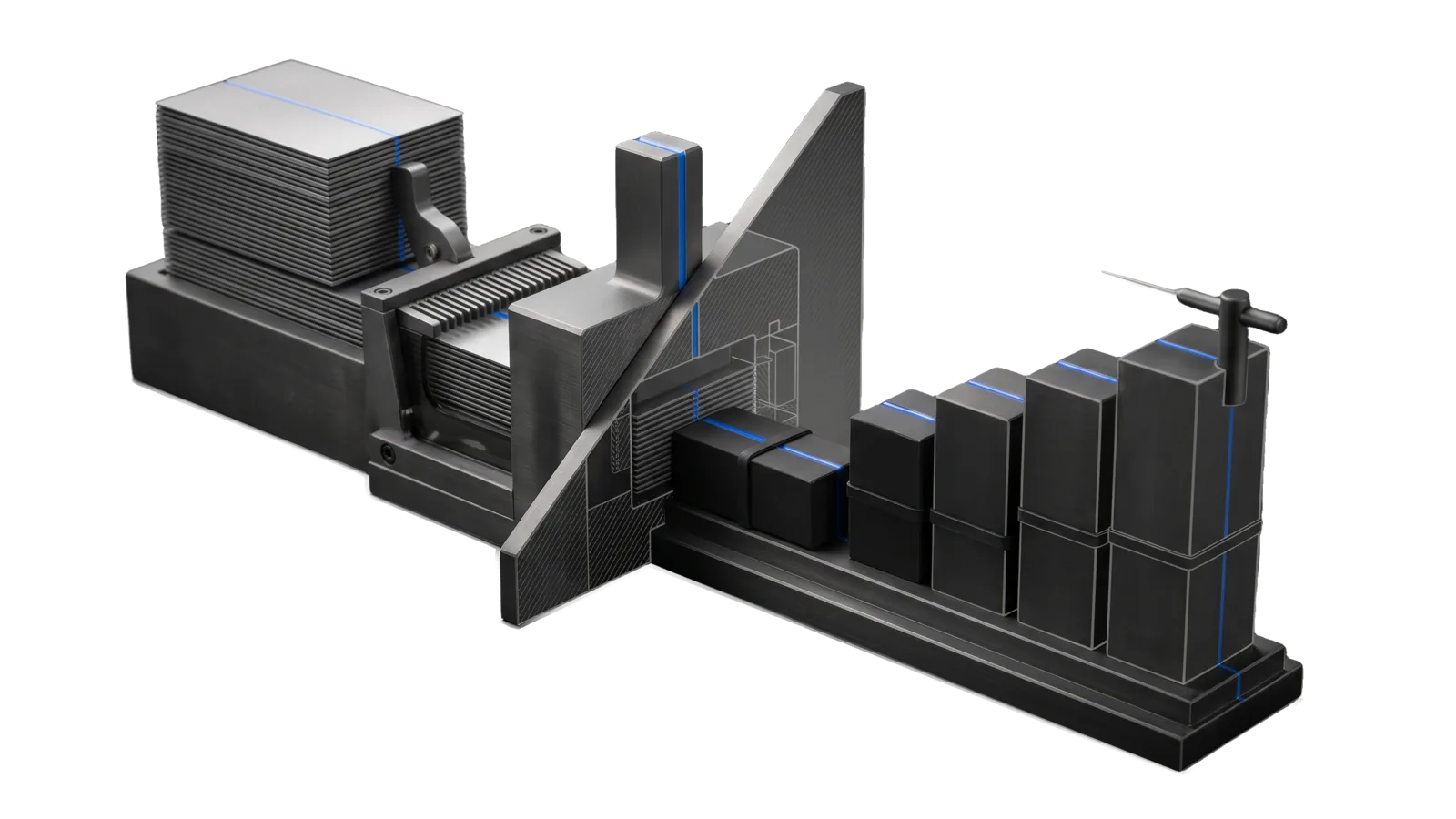 A stack of very thin plates fed through a many-toothed comb into a heavy press block, a row of five bound dark bricks of rising height standing on a stepped base with a feeler needle on the tallest, a large diagonal cut plane through the press, and an electric-blue line running from the plate stack through the press and along each brick top to the needle.