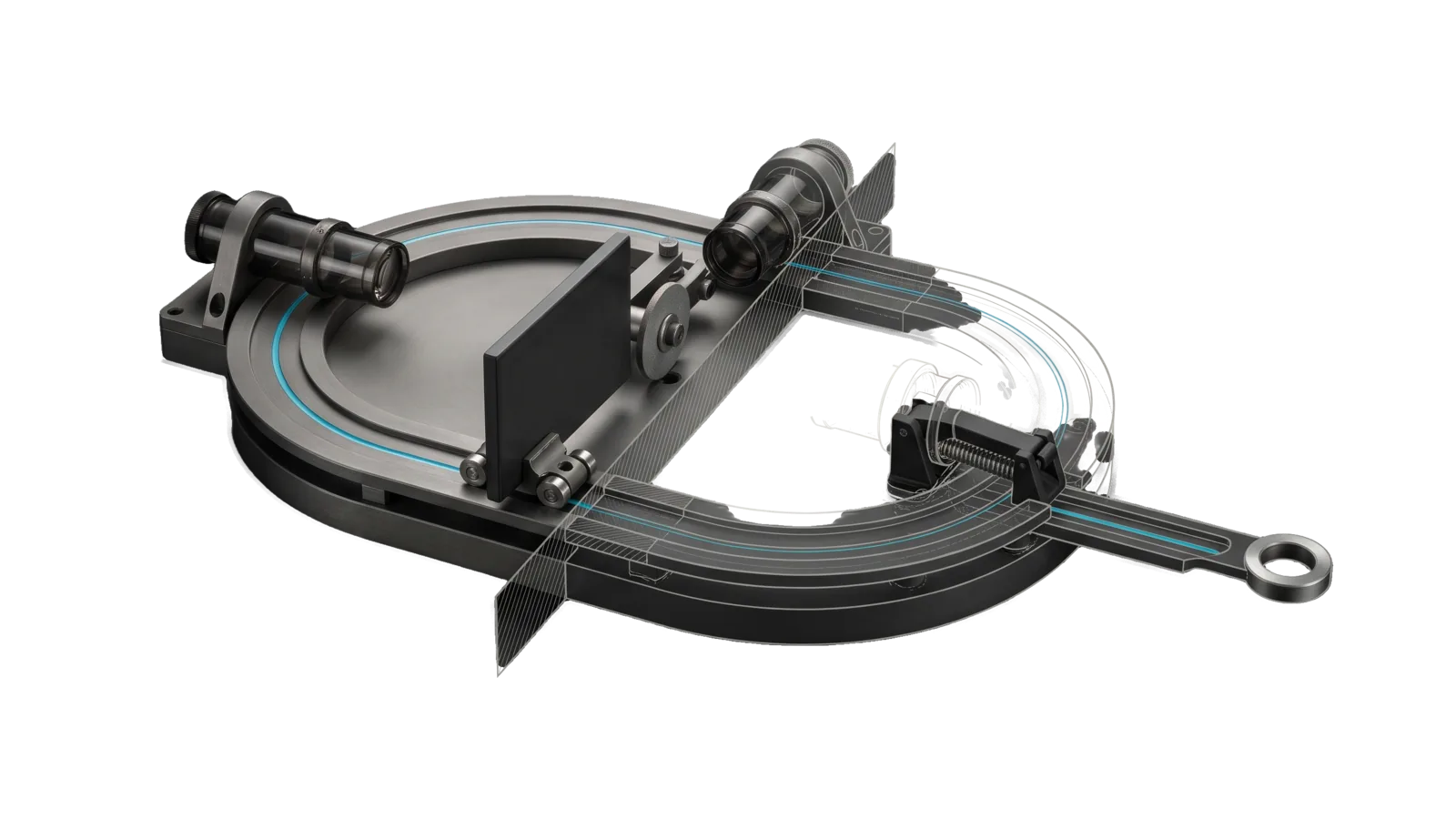 A flat oval loop track carrying an upright dark tile on a carriage past two matching lens barrels aimed at it from opposite sides and a small grinding wheel, a spring clamp and a straight exit rail ending in a ring terminal, the far curve of the loop drawn in bone-grey outline past a diagonal cut, with a cyan line following the track through both lenses to the ring.