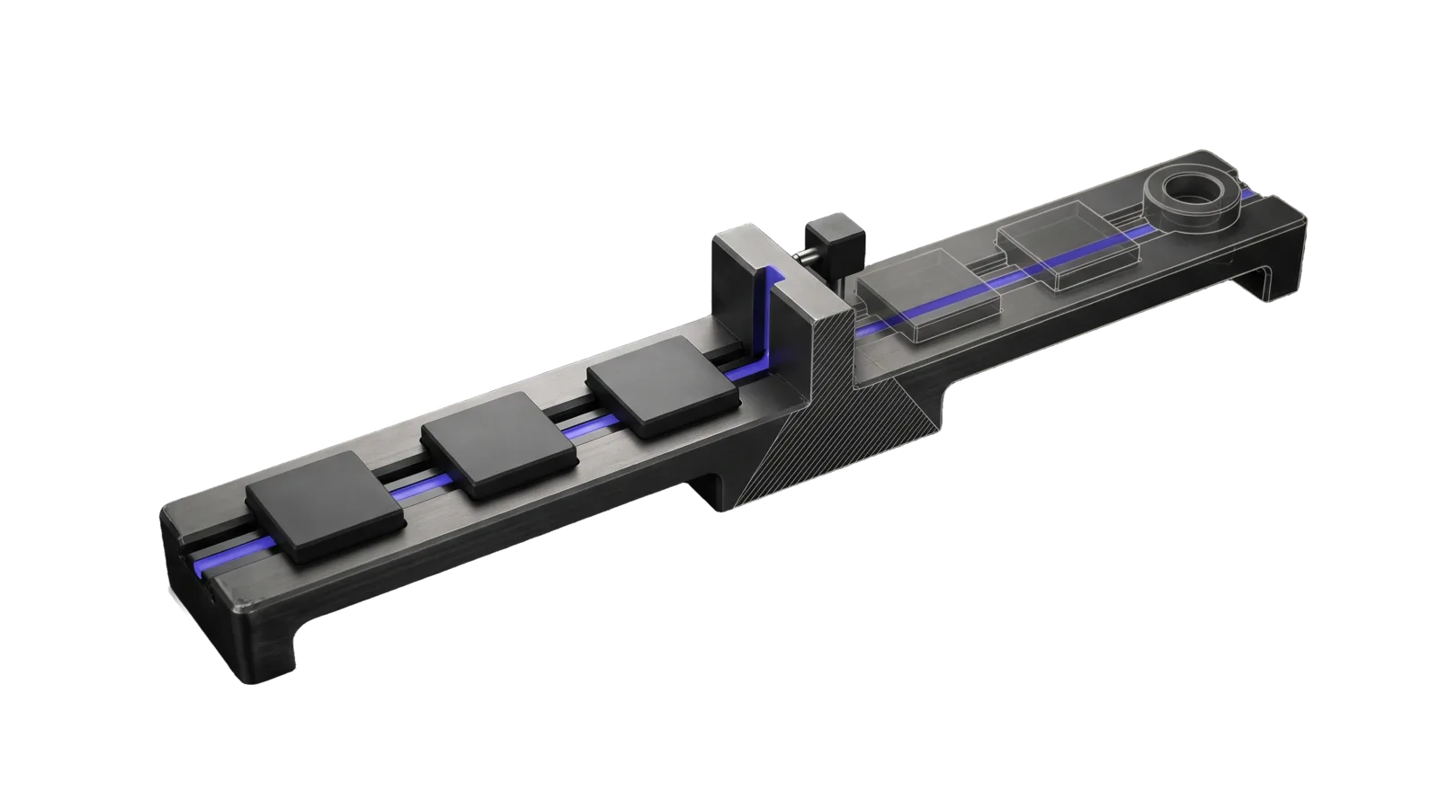 A long machined bench with a rail carrying a row of identical dark coupons, three already past a gate block whose slot is exactly one coupon wide, a small master block pinned beside the gate, cut diagonally so the far end with two more coupons and a ring terminal is drawn in bone-grey outline, and an indigo line running along the rail through the gate into the ring.