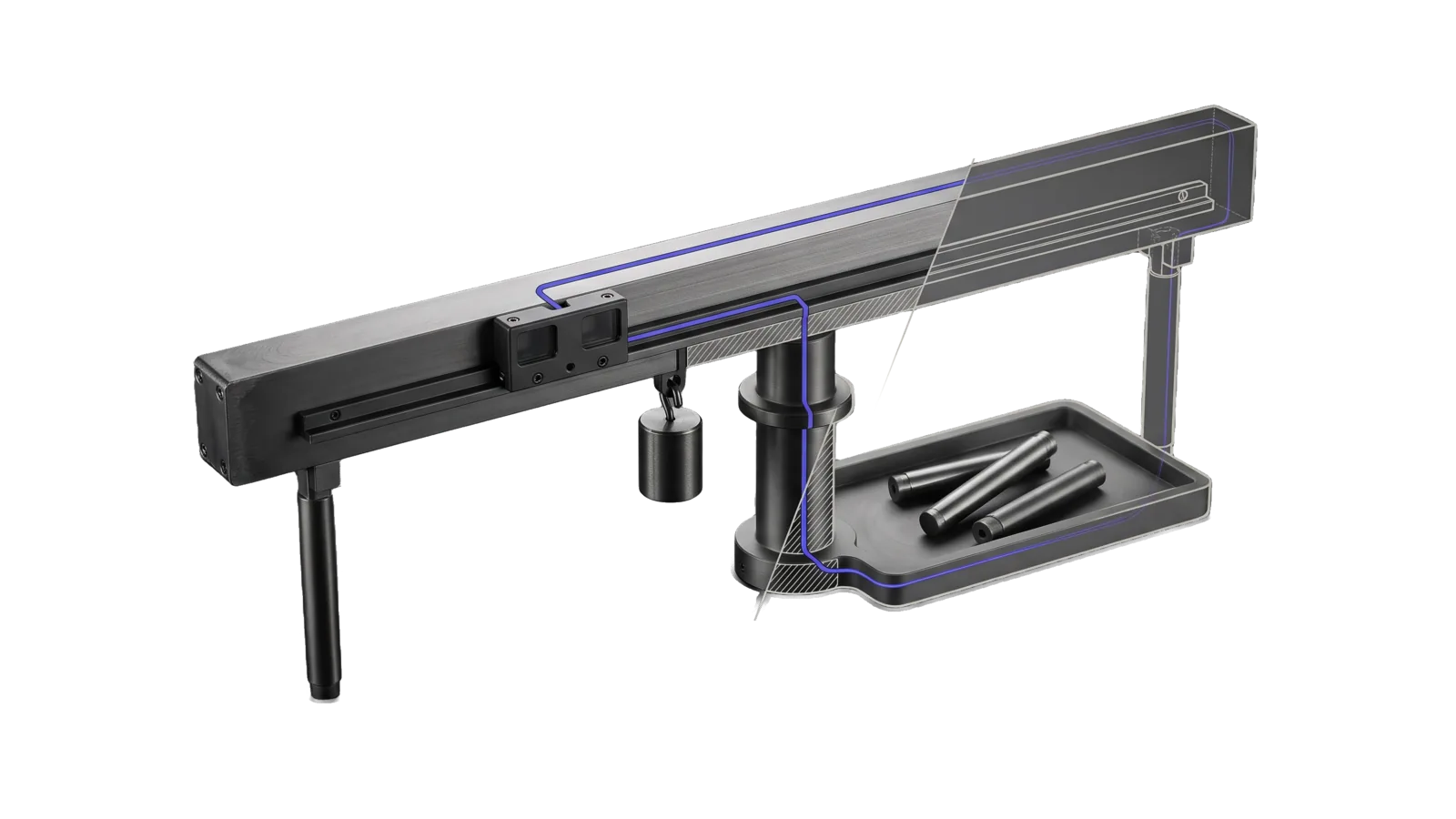 A long beam resting on a thick collared strut and slim struts, with three cut-away struts lying in a discard tray and a test weight hanging from its middle, cut diagonally so the far half of the beam and tray are drawn as ghosted outlines, with an indigo line running from the weight along the beam down the thick strut.