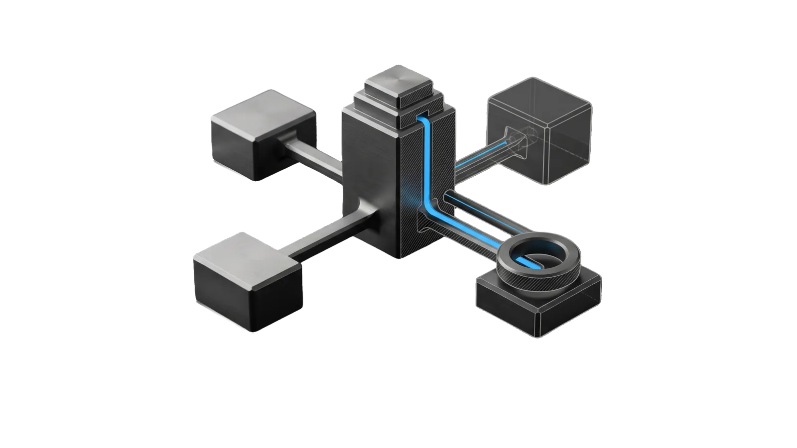 A tall stepped master block with four spokes running to four separate surface blocks of different sizes, one of them capped by a toothed stamping ring; a sky-blue channel runs from the master's cutaway down the spoke into the ring, and the far surface block is drawn as a ghosted outline.
