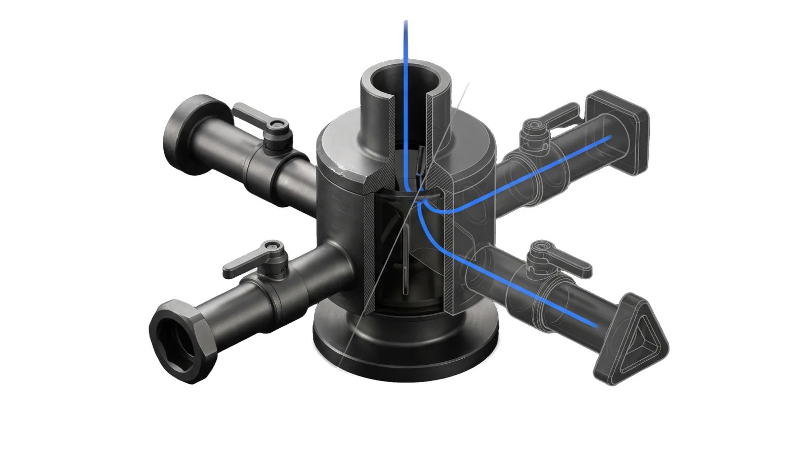 A cylindrical distributor block with a single inlet duct on top and four tubes radiating to four differently shaped sockets, round, square, hexagonal and triangular, each tube with a lever valve, the two far tubes drawn in bone-grey outline past a diagonal cut, and an electric-blue line splitting from the inlet into the open tubes.