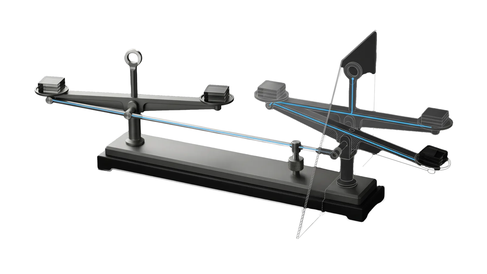 Two beam balances side by side on one base, the left level and the right visibly tilted with the same three sample tiles on its pans, a linkage rod running from the left pivot to a knurled trimming screw under the right beam; a diagonal cut ghosts the corrected, level right balance in bone-grey outline, and a sky-blue line runs along the rod through the screw to a ring at the top of the post.