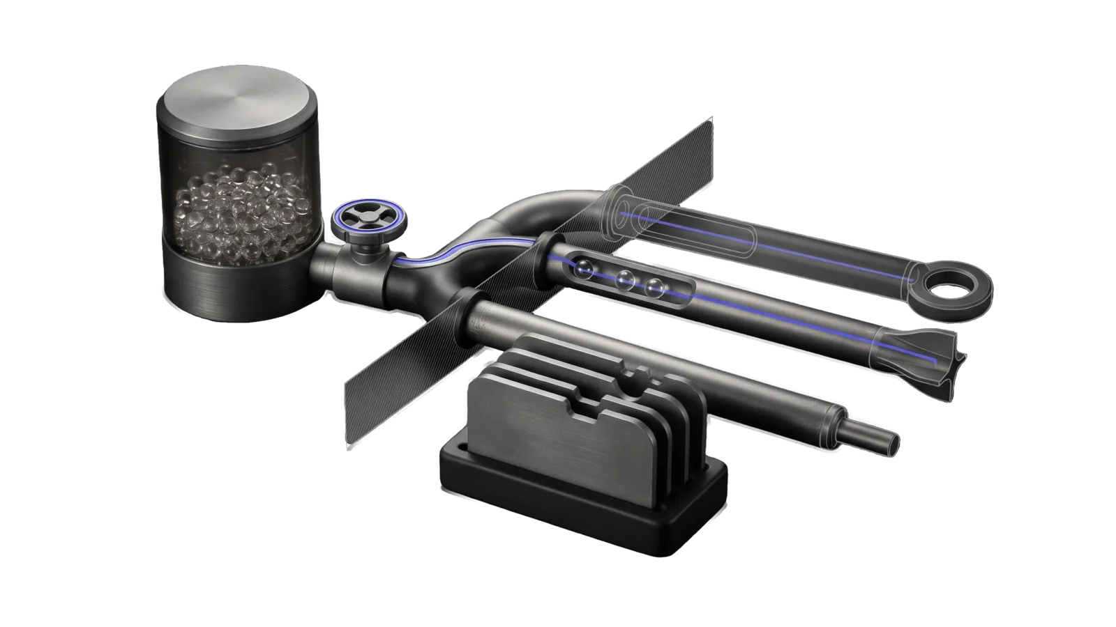 A cylindrical reservoir of glass beads with a valve wheel feeding a three-way manifold whose pipes end in a ring, a swept fin and a key bar, with three beads travelling the middle pipe, and a slotted holder of four notched card slabs with one lifted out; a diagonal cut ghosts the far pipes in bone-grey outline, and an indigo line runs from the valve wheel through the manifold to the fin terminal.