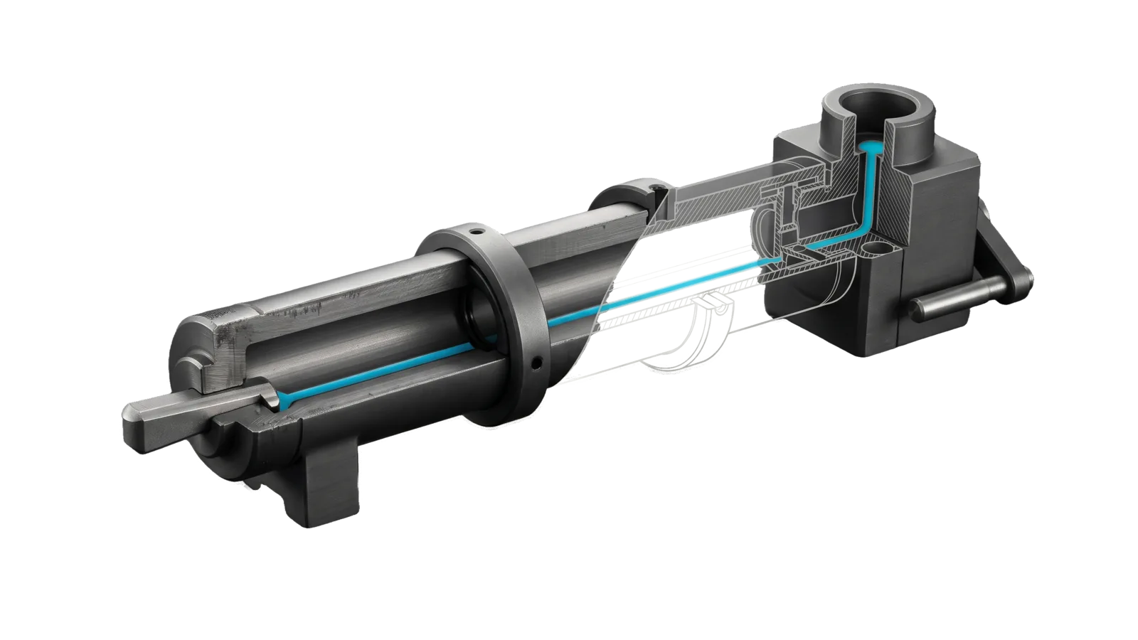 A long graphite runner sleeve with a single key seated at its near end and a clamping ring around its middle, cut diagonally so the bore and a worker block with a ring-topped outlet at the far end are drawn as ghosted section; one cyan line runs from the key along the whole bore up into the outlet.