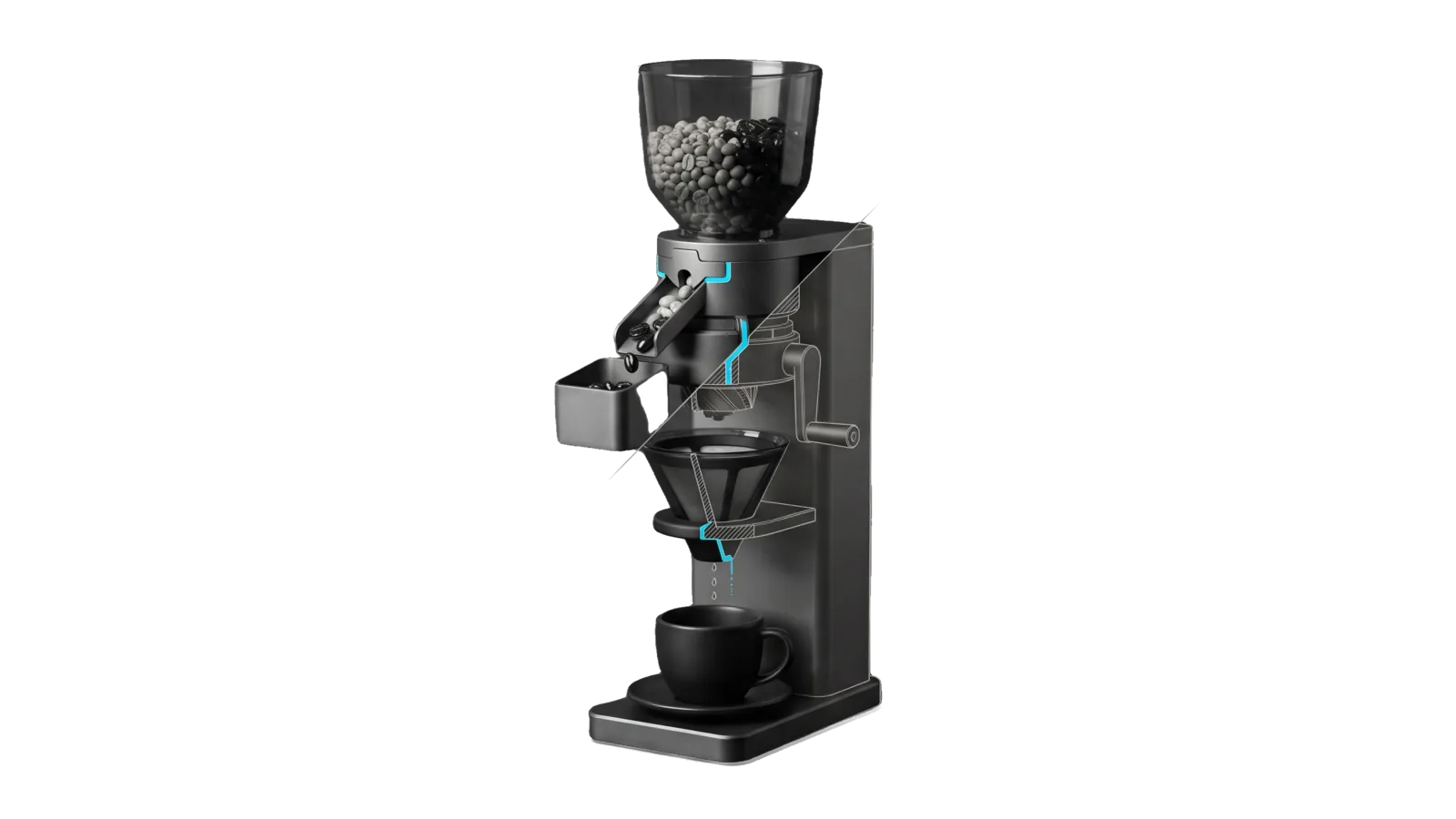 A tall graphite brewing column with a hopper of grey beans, a keyed gate that knocks the very dark beans down a side chute into a small bin, a crank grinder, a pour-over dripper and a single cup at the base; a diagonal cut turns the grinder and dripper into bone-grey outline, and a cyan line runs from the gate through the dripper's spout into the cup.