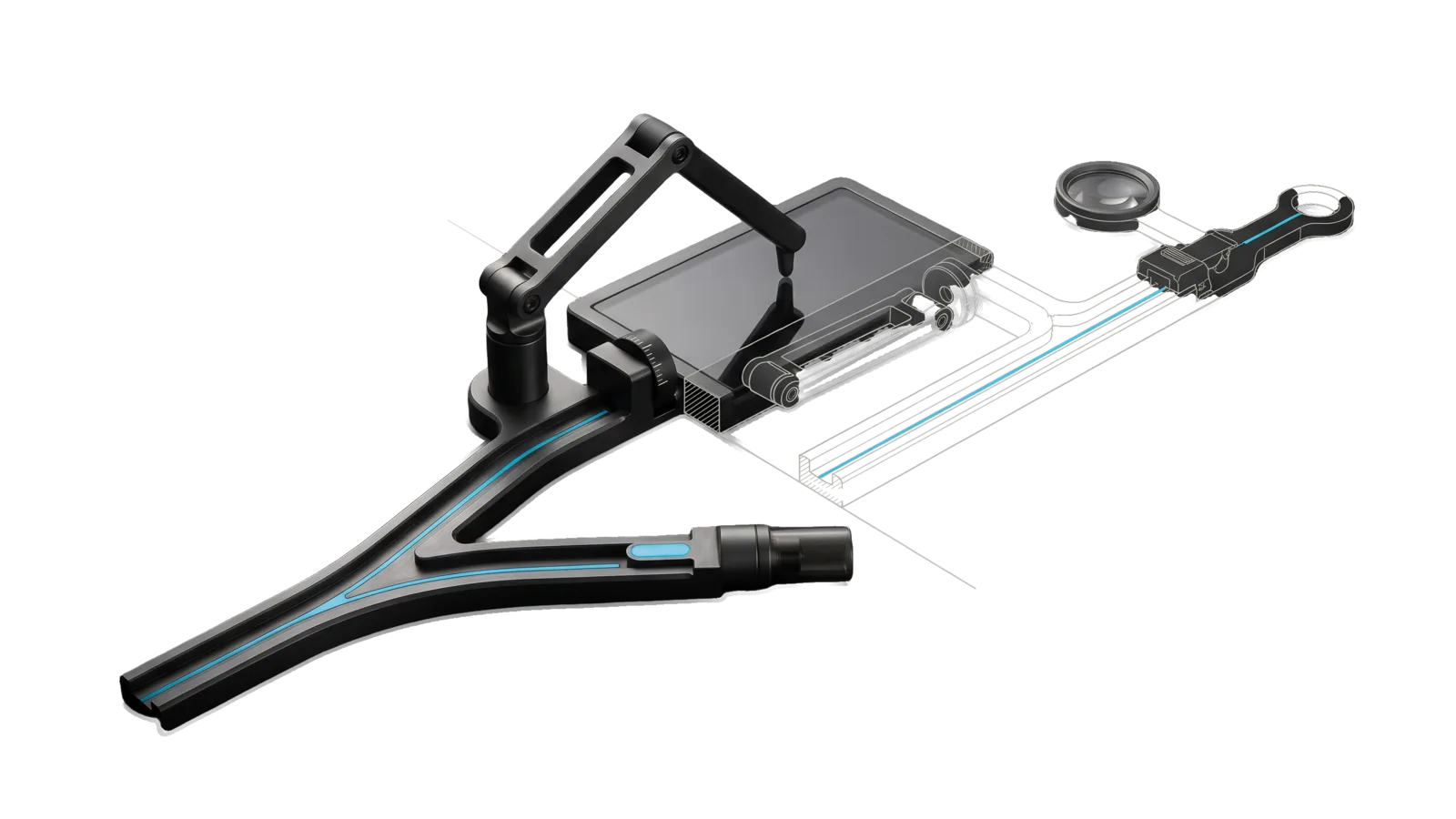 A machined track that splits at a points switch into a short straight branch ending in a socket coupling and a long branch rising to a jointed arm that presses a stylus onto a flat bed; a diagonal cut ghosts the far end, with a lens ring and latch before a ring terminal, in bone-grey outline, and a cyan line runs through the switch along the straight branch to the ring.