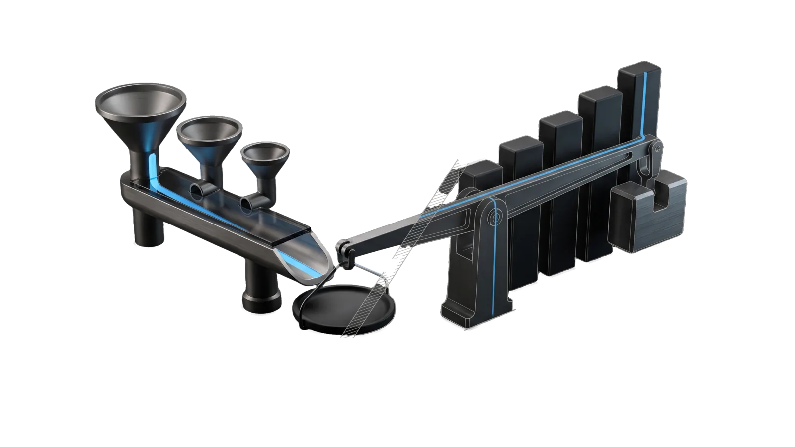 Three funnel hoppers of different sizes feeding one trough that tips onto a balance pan, whose beam carries a heavy counterweight and lifts a row of five rising bars, cut diagonally so the far bars and housing are drawn as ghosted outlines, with a sky-blue line running from the largest hopper along the beam into the tallest bar.
