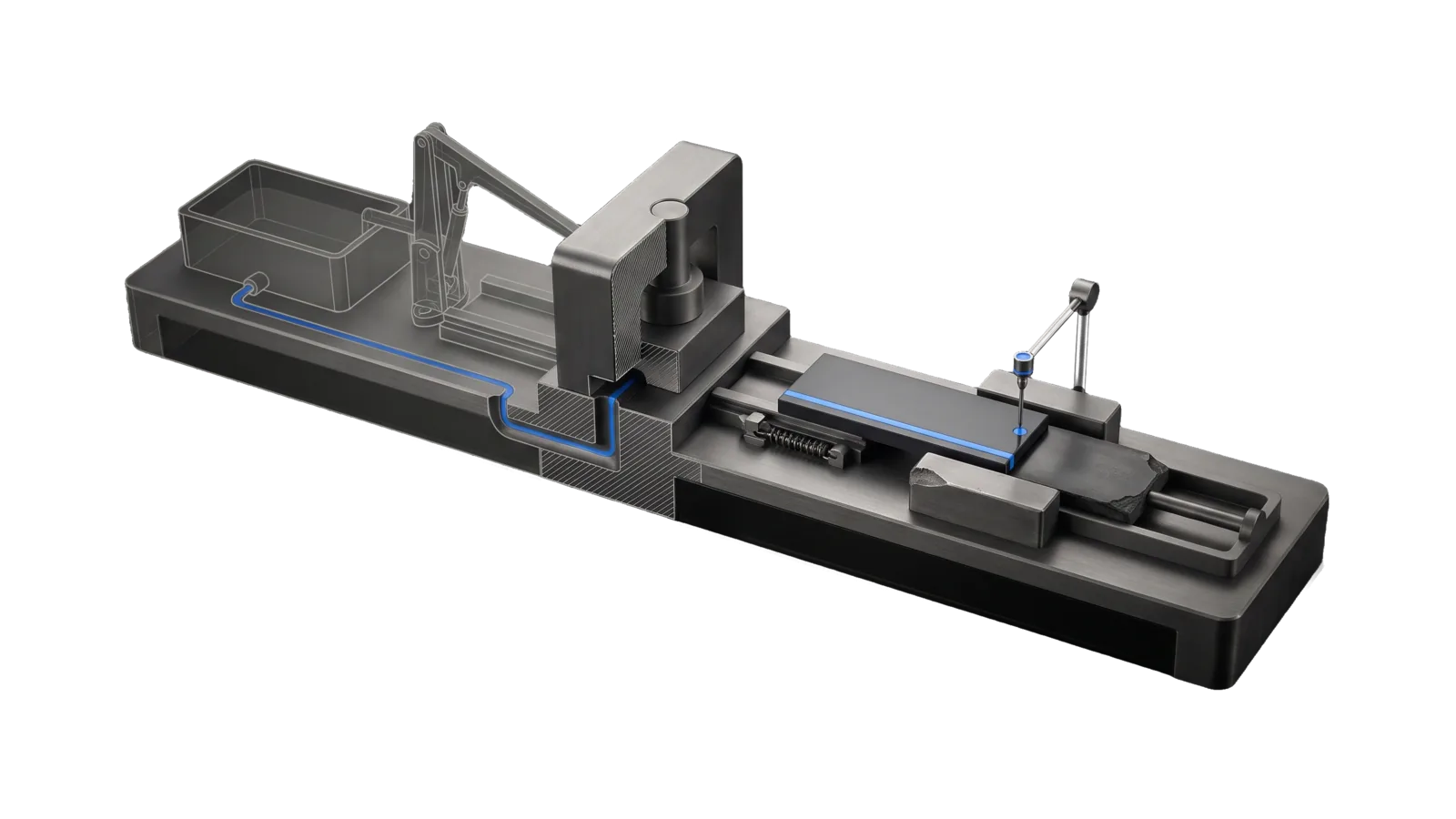 A long bench where a ghosted source tank with a pump arm feeds a press block with a descending ram, a fresh slab rides a rail through a spring gate toward a plinth while a pusher rod shoves the old chipped slab aside, a thin probe touching the new slab, and an electric-blue line running from the tank through the press to the probe.