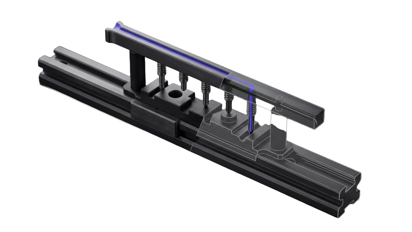 A graphite probe bar on posts stands over a carriage riding a long bed rail; spring-loaded pins sit seated in matching slot, bore, step and boss features on the workpiece, and an indigo line runs from the flared inlet along the bar and down the last pin into its groove, with the far end of the bar and rail drawn as a ghosted outline.