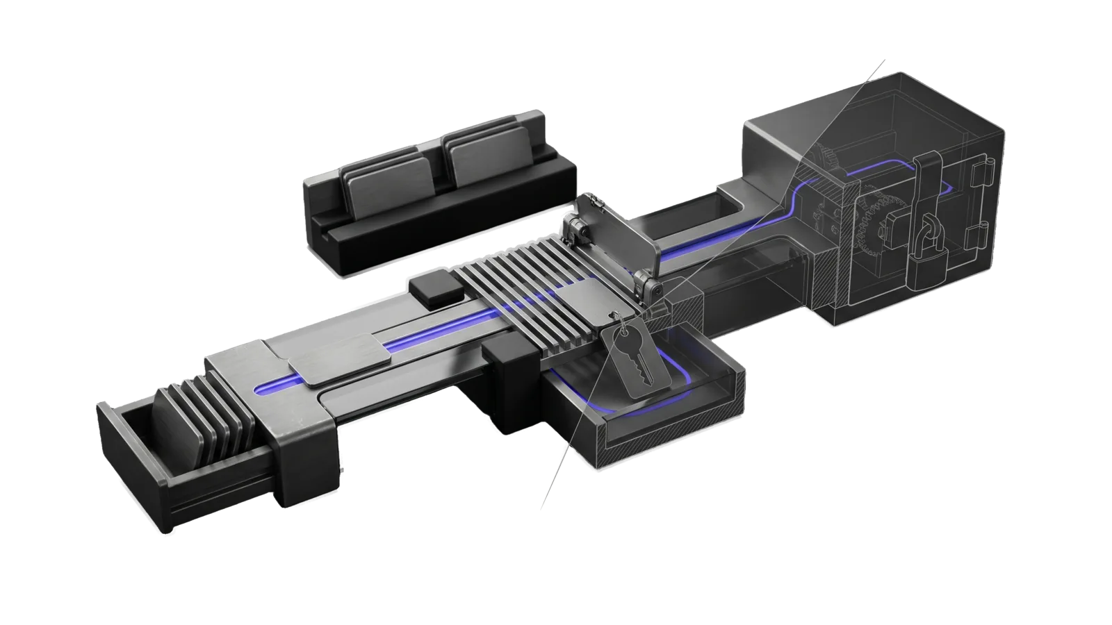 A loading drawer of flat tabs feeding a rail through a comb grate that tips one key-tagged tab into a reject trough, with the rest continuing to a padlocked vault box, cut diagonally so the far half of the grate and vault are drawn as ghosted outlines, with an indigo line running along the rail past the grate into the vault.