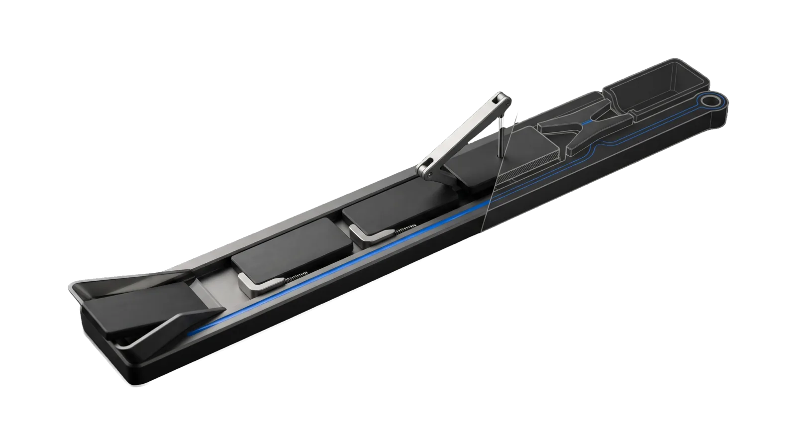A long low rail on a gentle rise carrying dark slabs in a row, each held by a one-way pawl; a lifted arm drops a pin onto one slab and a diverter fork at the far end, drawn as ghosted outline past a glass section pane, leads to a ring terminal, with one blue line running the length of the rail.
