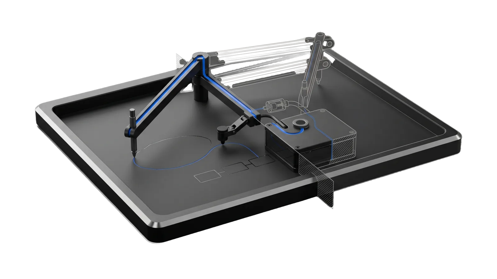 A wide black tray with a pivoting two-bar linkage over it, one stylus resting on a hand-drawn loop and a readback probe leading to a sealed cassette; a faint three-box sketch lies on the tray, a glass section pane cuts the cassette, and a blue line runs along the linkage with its far arm drawn as ghosted outline.