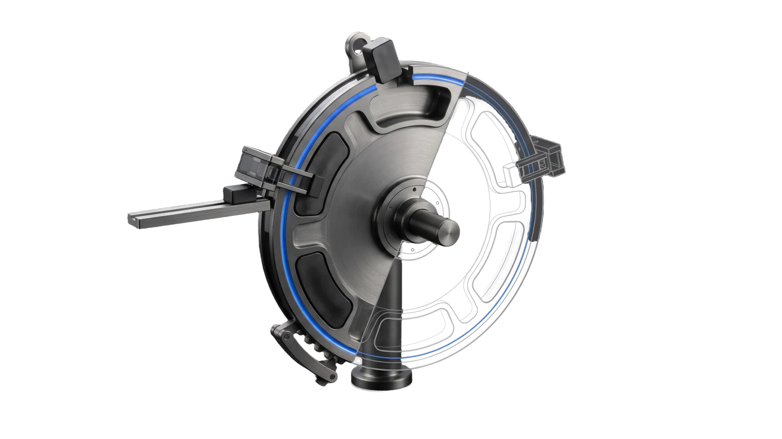 An upright round wheel on an axle post with six rim pockets, three of them weighted, a short source rail with a reading head above the rim, a ratchet pawl below and a ring terminal at the top, cut diagonally so the far half of the wheel is drawn as ghosted outlines, with one electric-blue channel running along the rim from the reading head to the terminal.