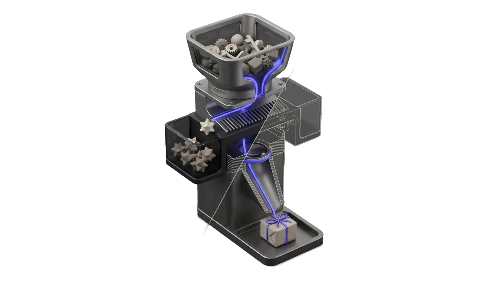 A tall three-tier column with a hopper heap of assorted small trinkets, a fine comb that drops five repeated shapes into a side bin, and a tapered chute with a lens ring that delivers one small wrapped box tied with a cord at the base; a diagonal cut ghosts the comb and chute in bone-grey outline, and an indigo line runs from the hopper through the comb and lens down to the box's cord.