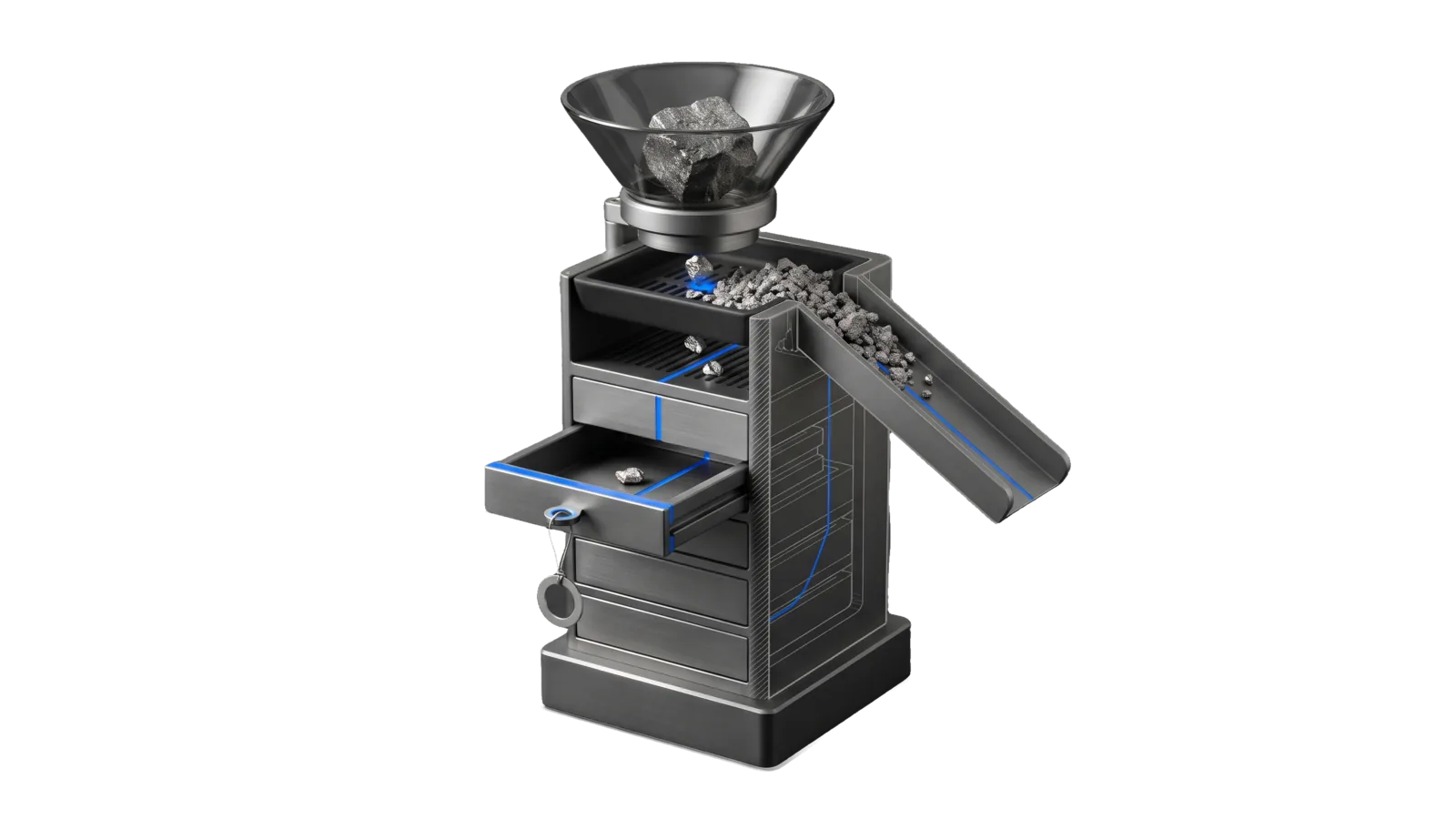 A tall machined column with a flared hopper dropping one rough ore block onto a slotted sifting tray, where coarse slag slides off a side chute and small nuggets fall into a stack of sealed drawers; a diagonal cut ghosts the lower stack in bone-grey outline, and an electric-blue line runs from the hopper through the sieve into the one pulled-out drawer and its ring tag.
