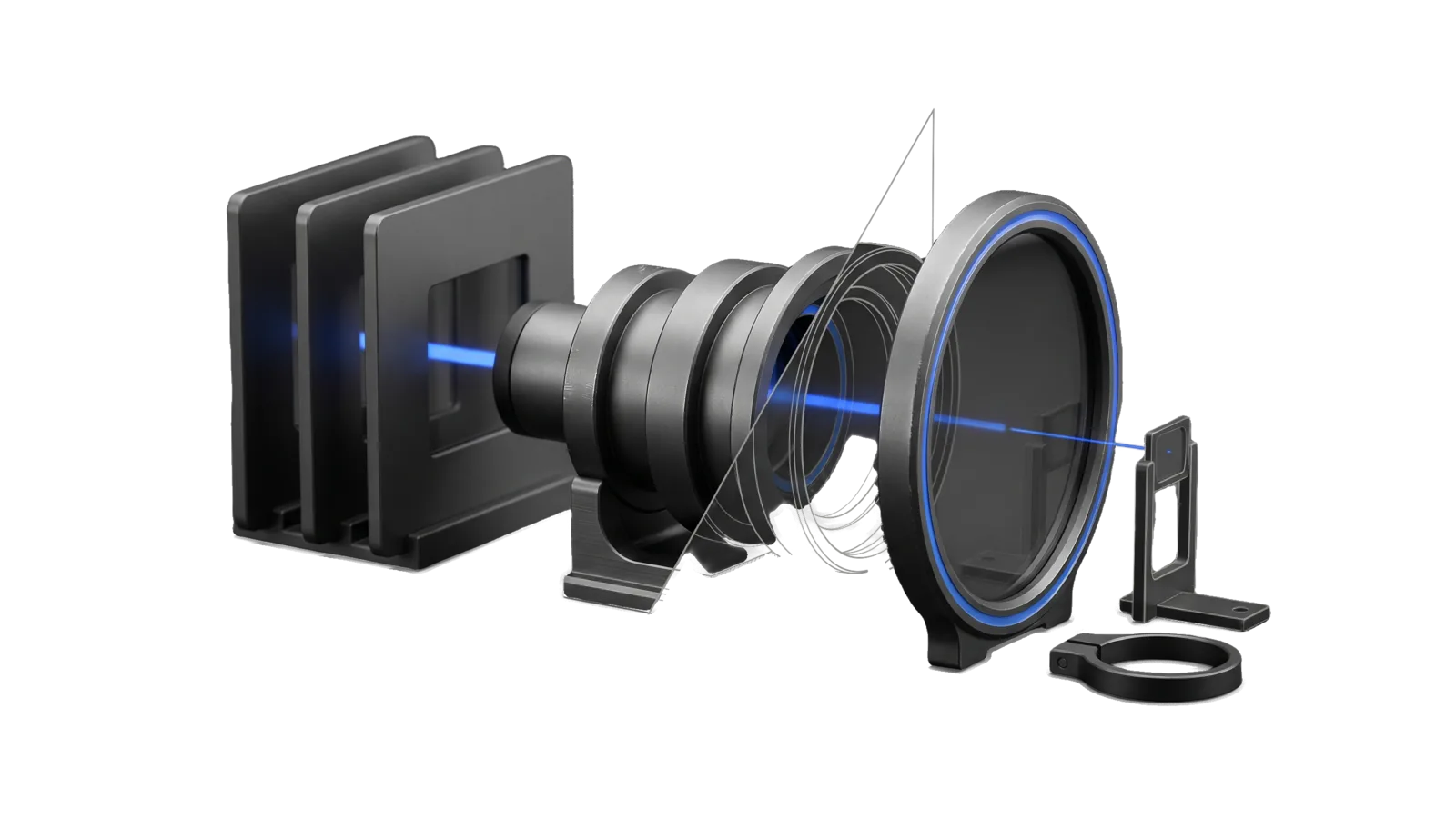 Three blank slide blanks in a rack feeding a stepped three-ring lens barrel that points at a large empty oval bezel on a foot, cut diagonally so the barrel rings are drawn as ghosted outlines, with one electric-blue beam running from the middle slide through the barrel to the centre of the bezel.
