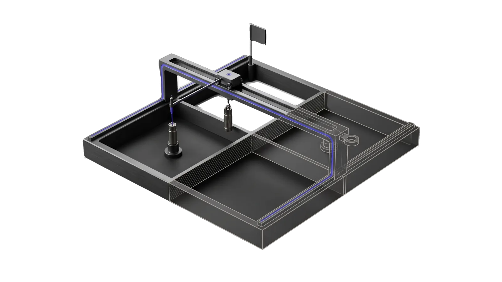 A low square yard divided into four open pens, with a gantry bridge on side rails carrying a trolley whose probe touches a cartridge in one pen while a second cartridge hangs from a hook in transit; a diagonal cut ghosts the far pen and gantry leg in bone-grey outline, and an indigo line runs from the probe up the gantry beam into a ring terminal.