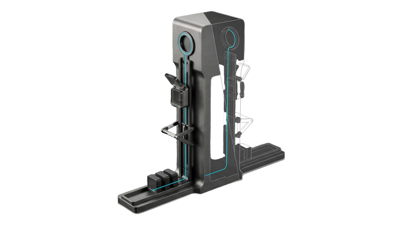 A tall machined housing with a slim vertical rail on its front carrying a small hinged capsule shuttle past a spring-pawl guard gate, a round hatch ring near the top and three small trace blocks in a tray at the foot, the far half of the housing drawn as ghosted bone-grey outline, with a cyan line running from the hatch ring down the rail and along the tray into a trace block.