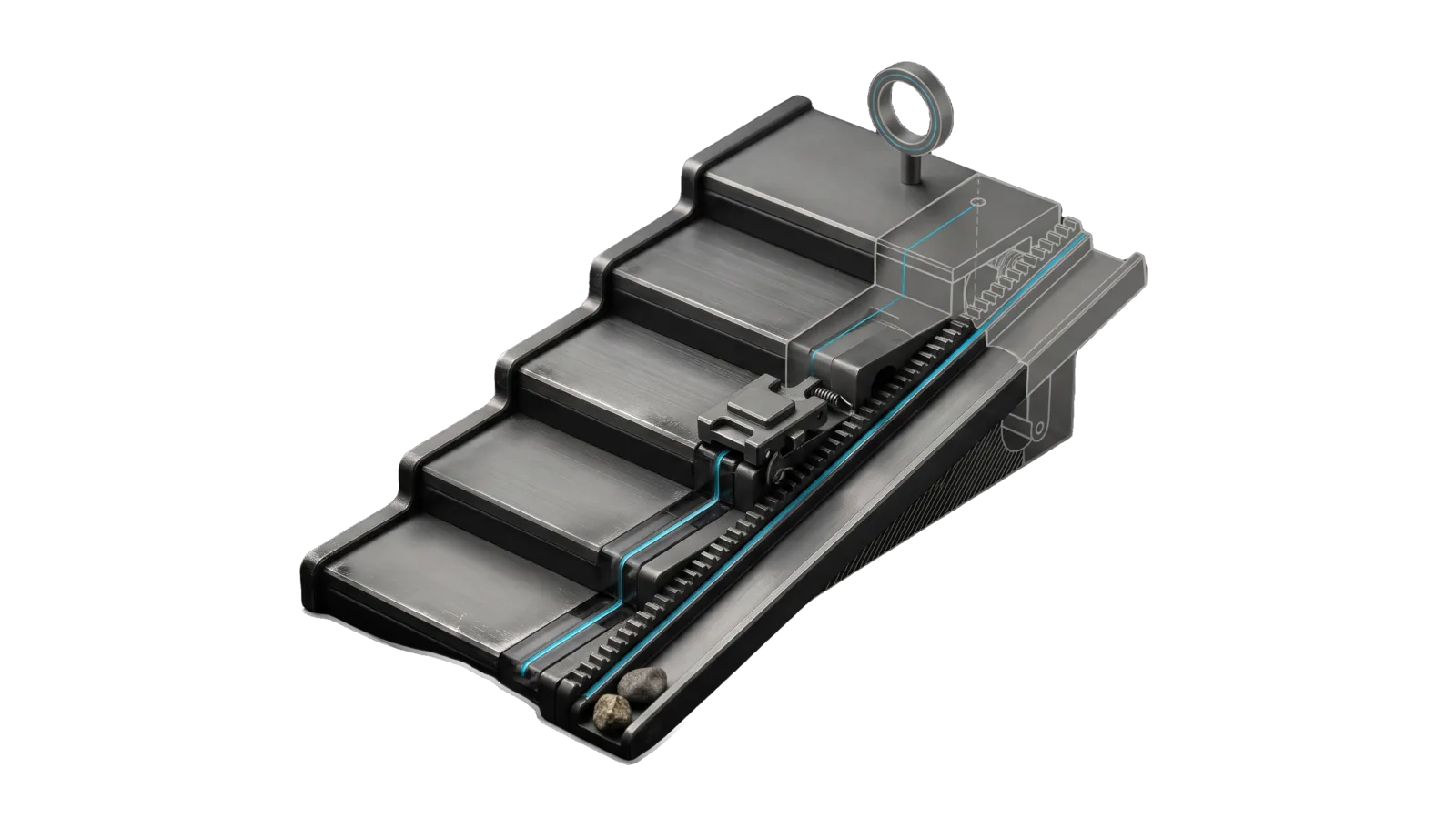 A rising staircase of five machined terraces with a toothed rack up its side and a small carriage latched on the third step, two rejected pebbles resting in a return chute at the base; a diagonal cut turns the top terraces and a summit ring into bone-grey outline, and a cyan line runs up the rack through the carriage to the ring.