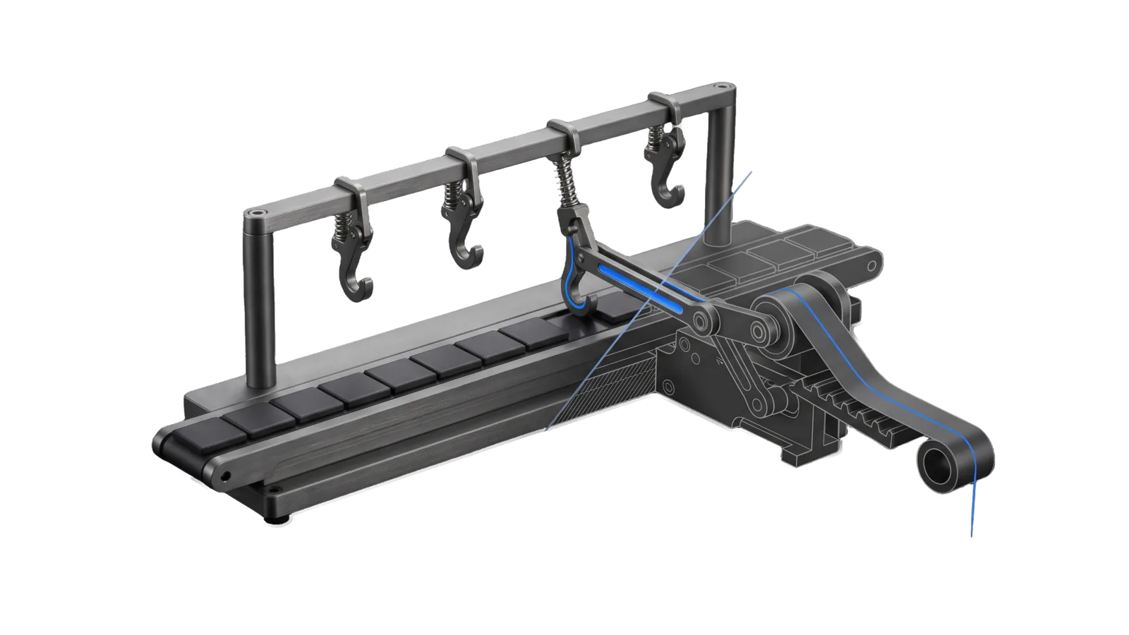 A conveyor of identical dark tiles under a bar carrying four spring hooks, three raised and one dropped to catch a tile; a linkage arm from the engaged hook reaches a roller that draws a banner strip out toward a ring terminal, drawn as ghosted outline past a thin diagonal cut, with one blue line along the linkage.