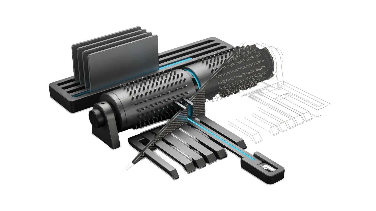 A pinned barrel on bearing posts over a comb of seven graded tines, with four flat tiles in a slotted tray feeding the barrel and the longest tine reaching out to a small receiving slot, cut diagonally so the far half of the barrel and tines are drawn as ghosted outlines, with a cyan line running from the front tile through the barrel to the longest tine.