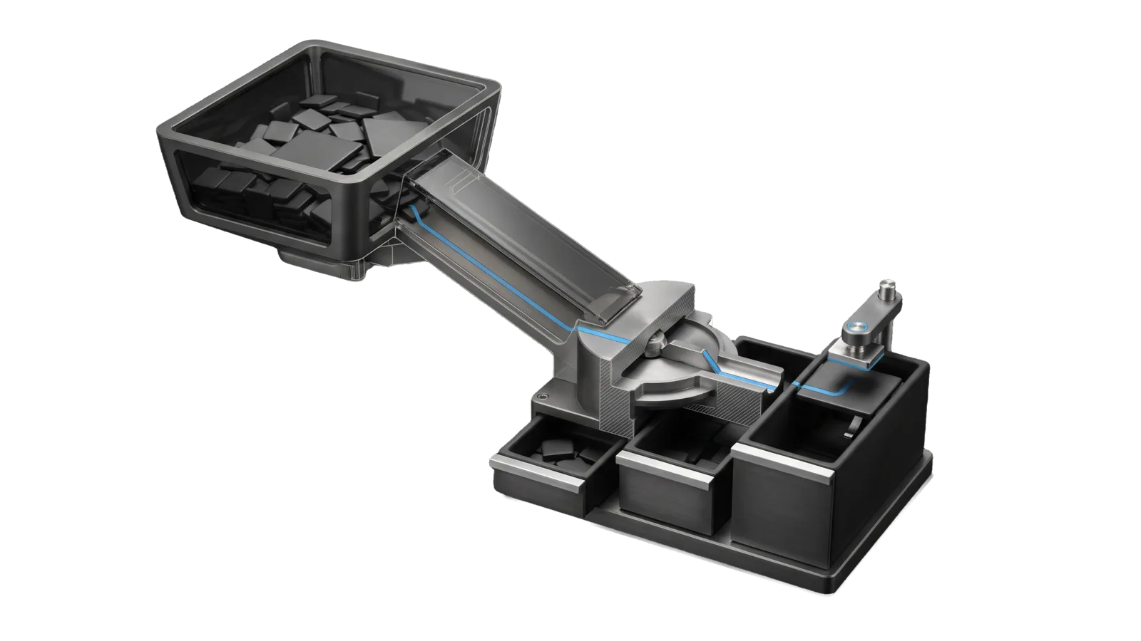 A glass-sided hopper heaped with small flat tabs feeds a diagonal chute into a rotary diverter block, below which stand three open drawers of short, medium and tall height with a stamp arm over the tallest, the hopper's lower edge drawn in bone-grey line, and a sky-blue line running from the hopper's throat down the chute through the diverter into the tall drawer.